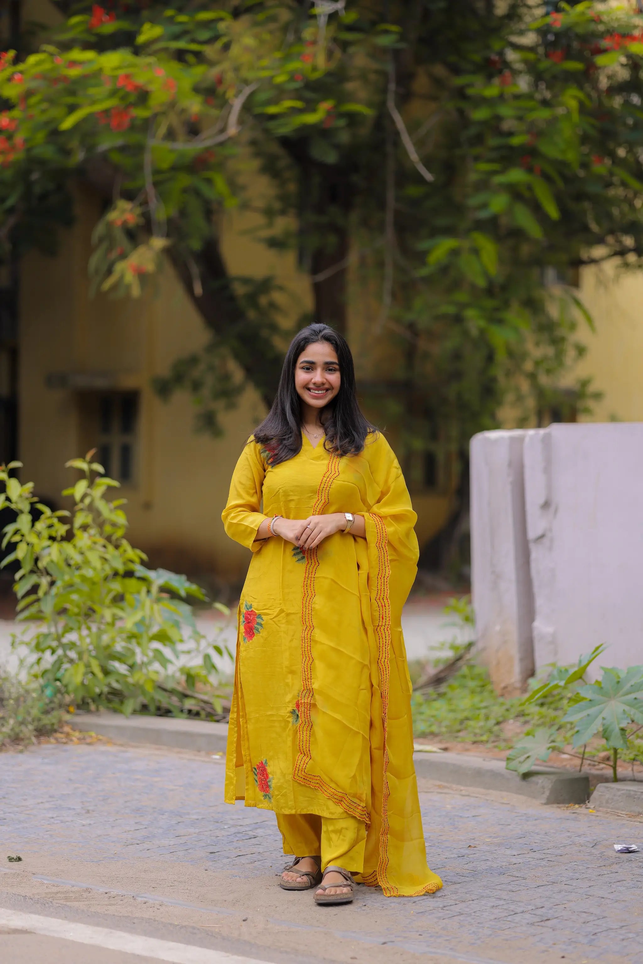 Yellow Mul Silk Suit Set with Thread Embroidery & Organza Dupatta