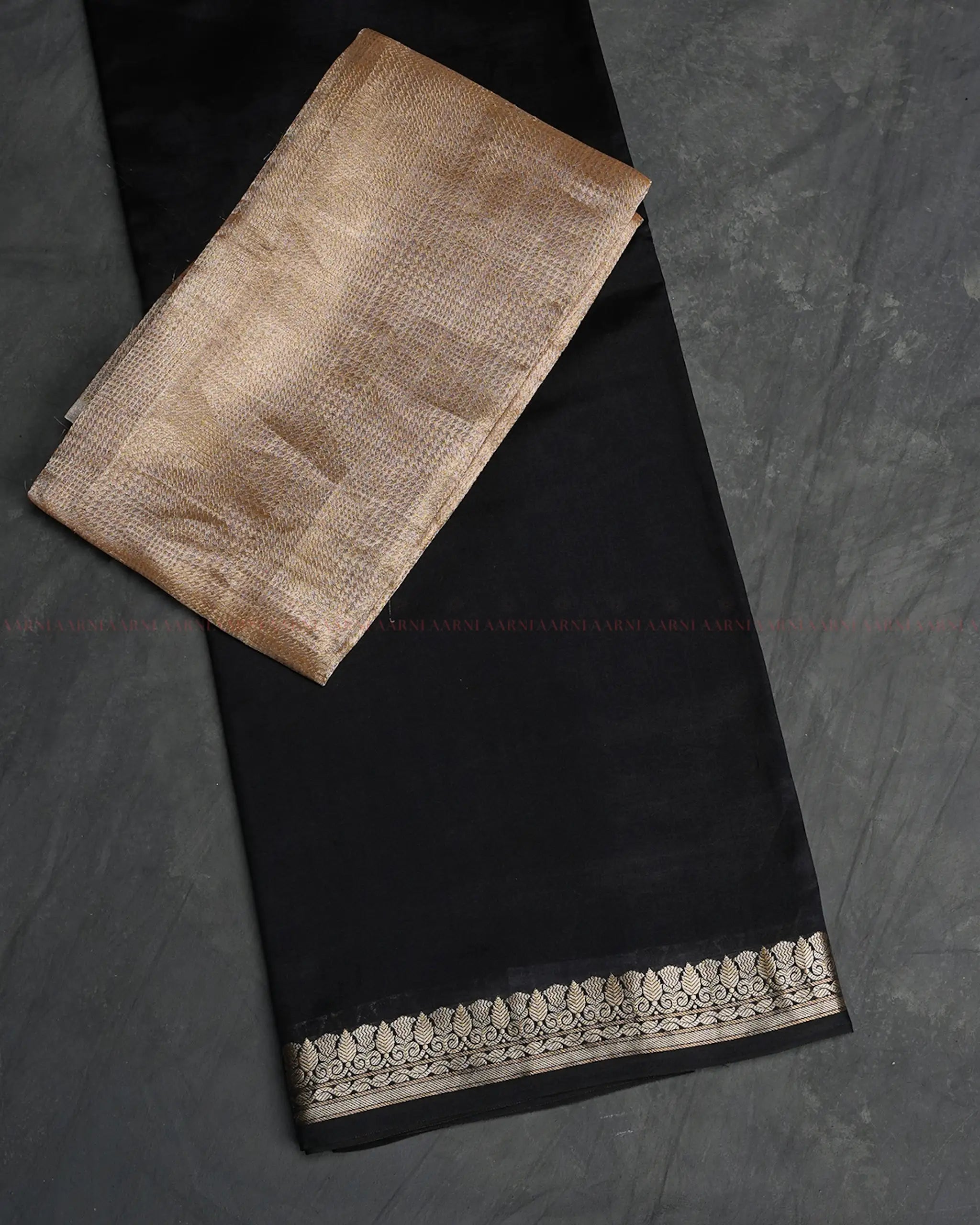 Black Banarasi Silk Saree with Gold and Silver Floral Border