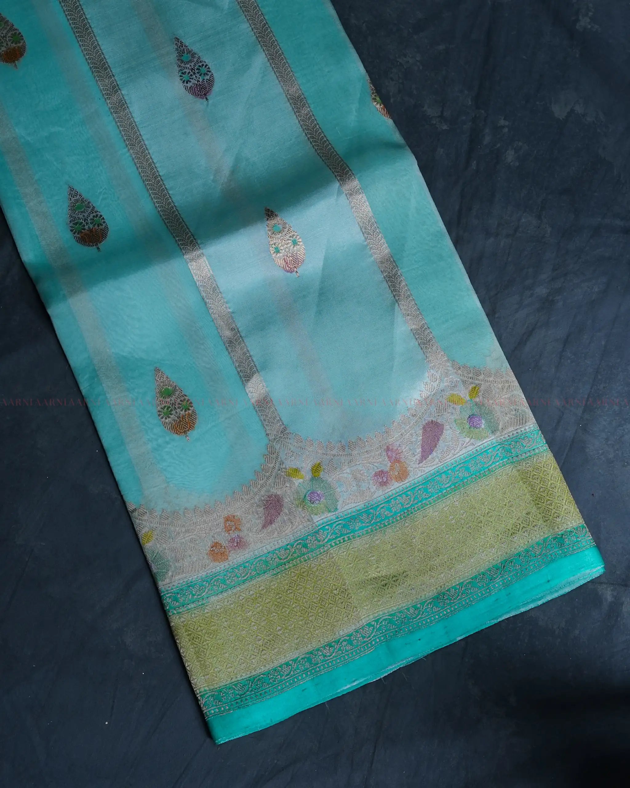 Soft Aqua Organza Saree with Gold and Silver Stripes