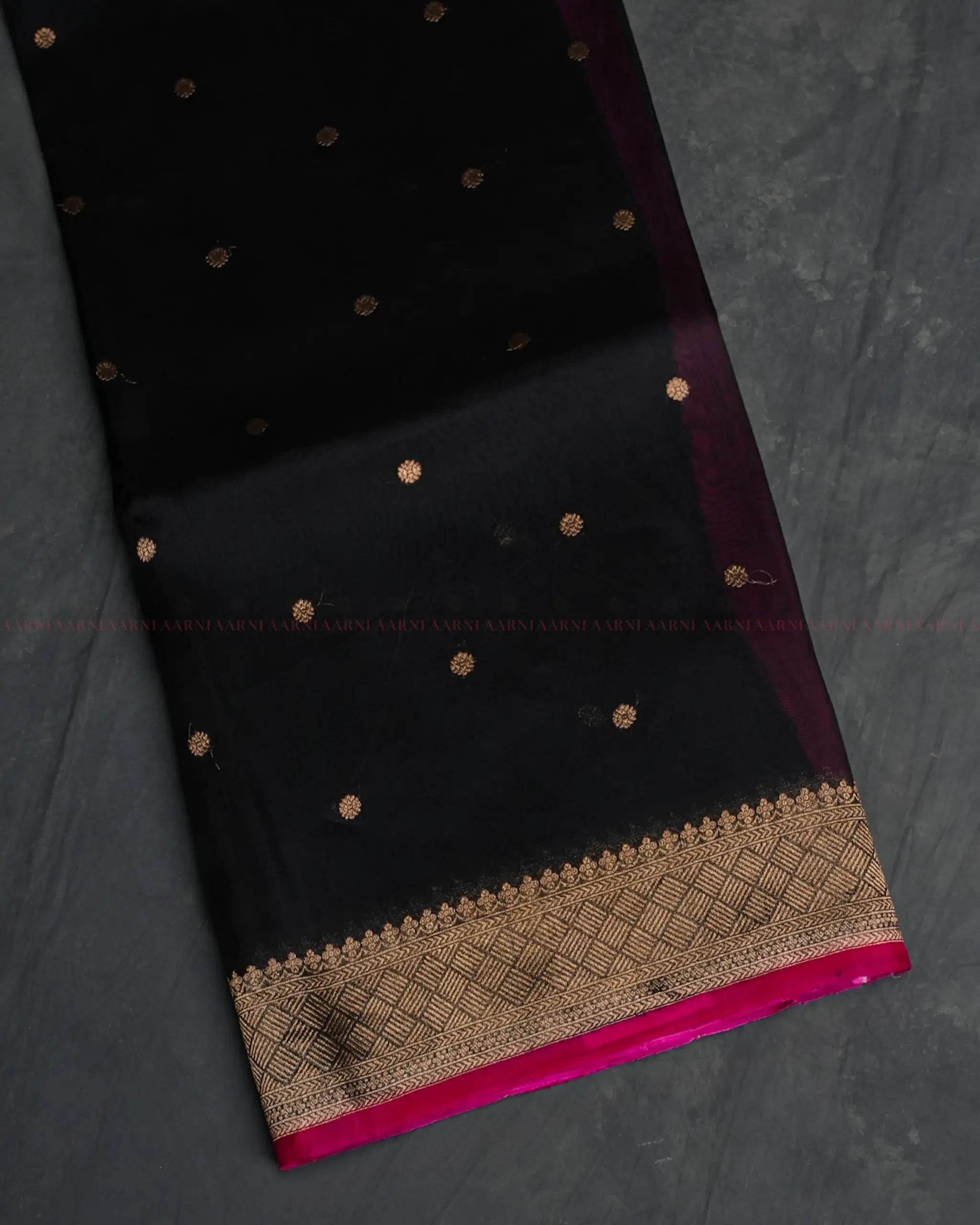 Black Banarasi Organza Silk Saree with Checkered Border and Pink Detailing