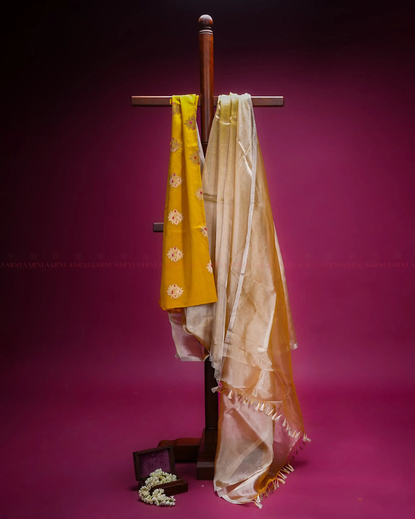 Yellow Tissue Organza Silk Saree with Meenakari Blouse