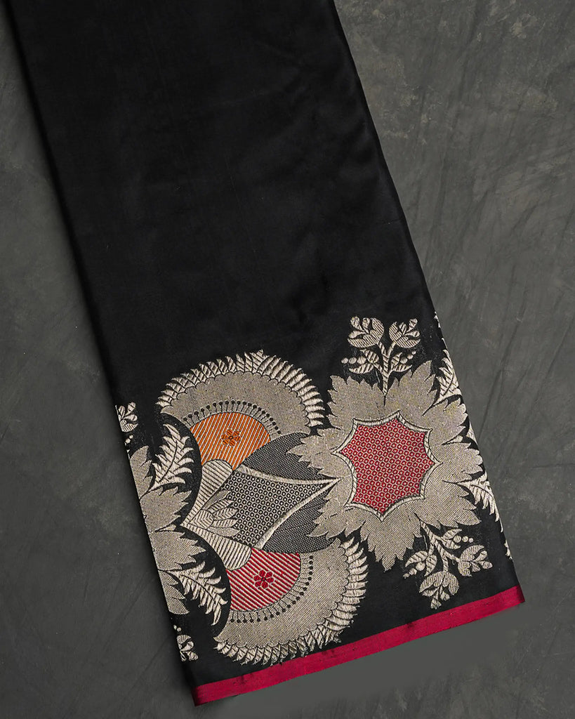 Black Banarasi Silk Saree with Silver Floral Meenakari Border