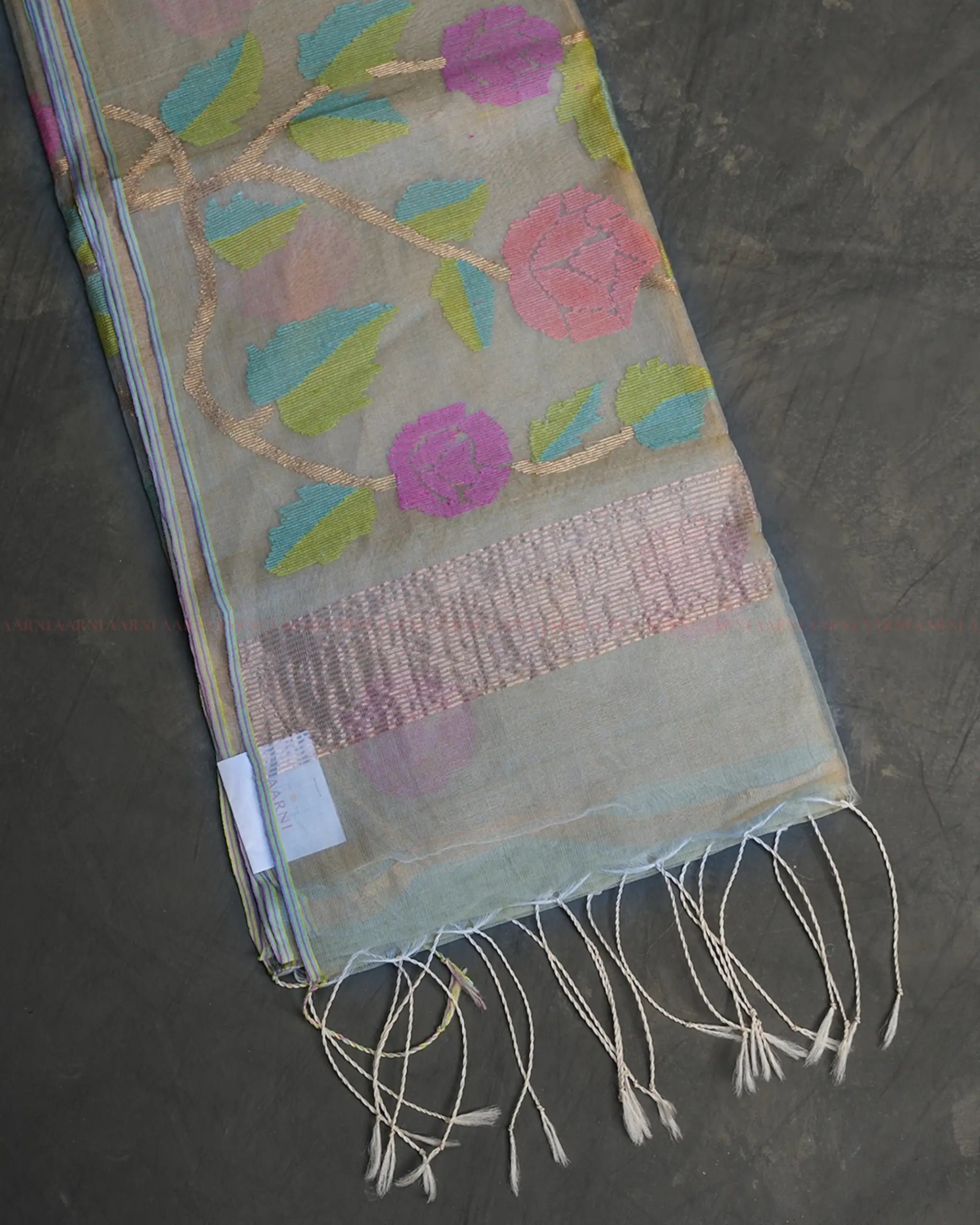 Light Green Jamdani Saree with Floral Butis and Gold Patti Border