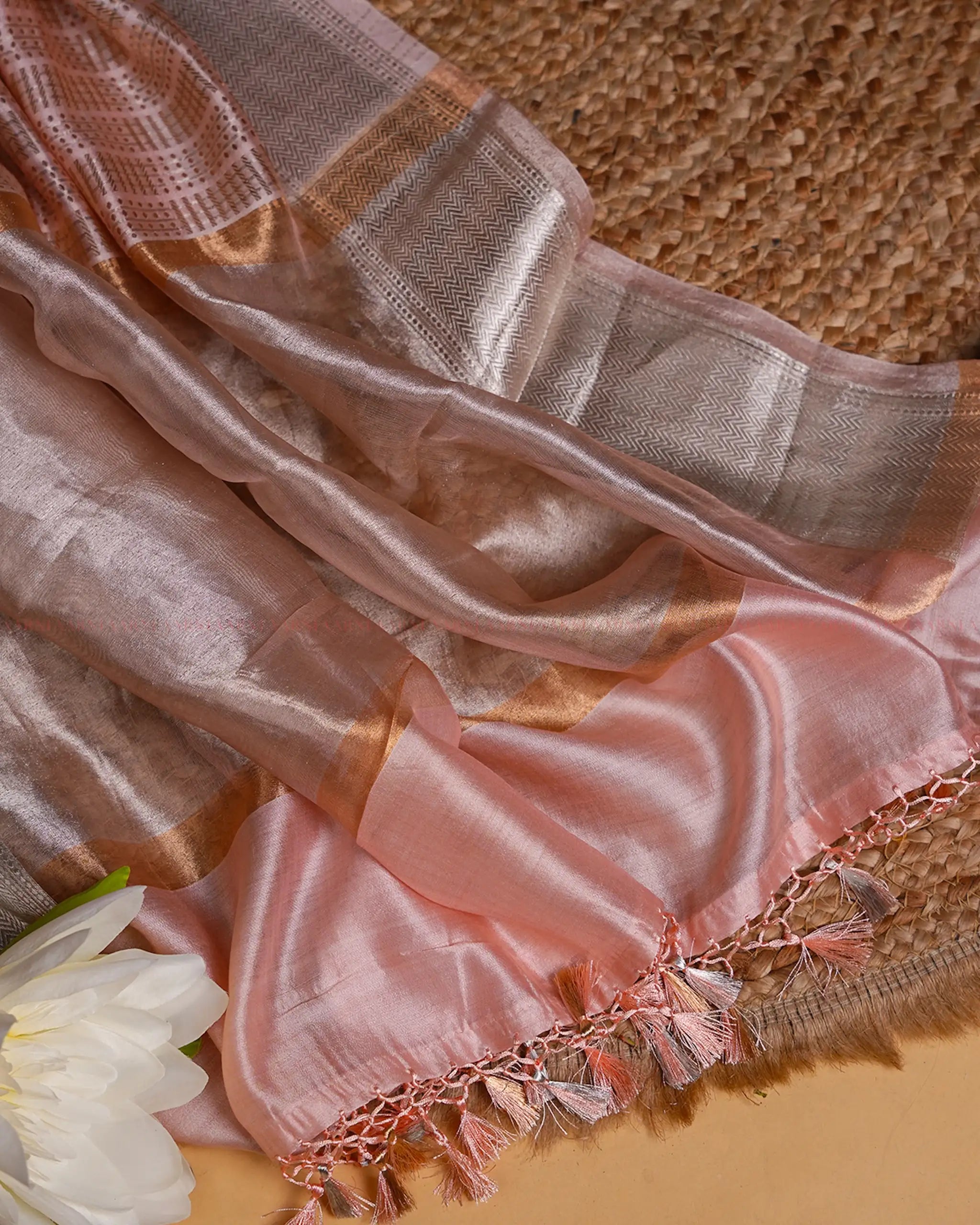 Pink Banarasi Silk Saree with Silver Zigzag Border