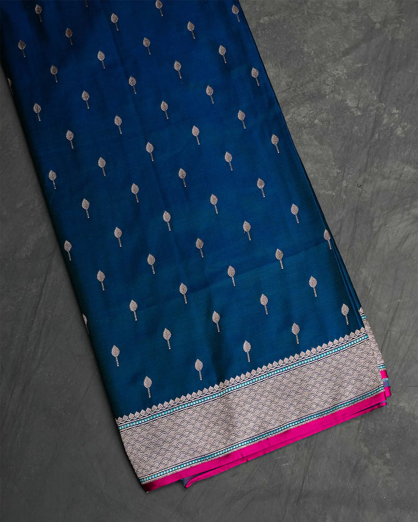 Blue Mashru Silk Saree with Silver Buttis and Contrast Piping