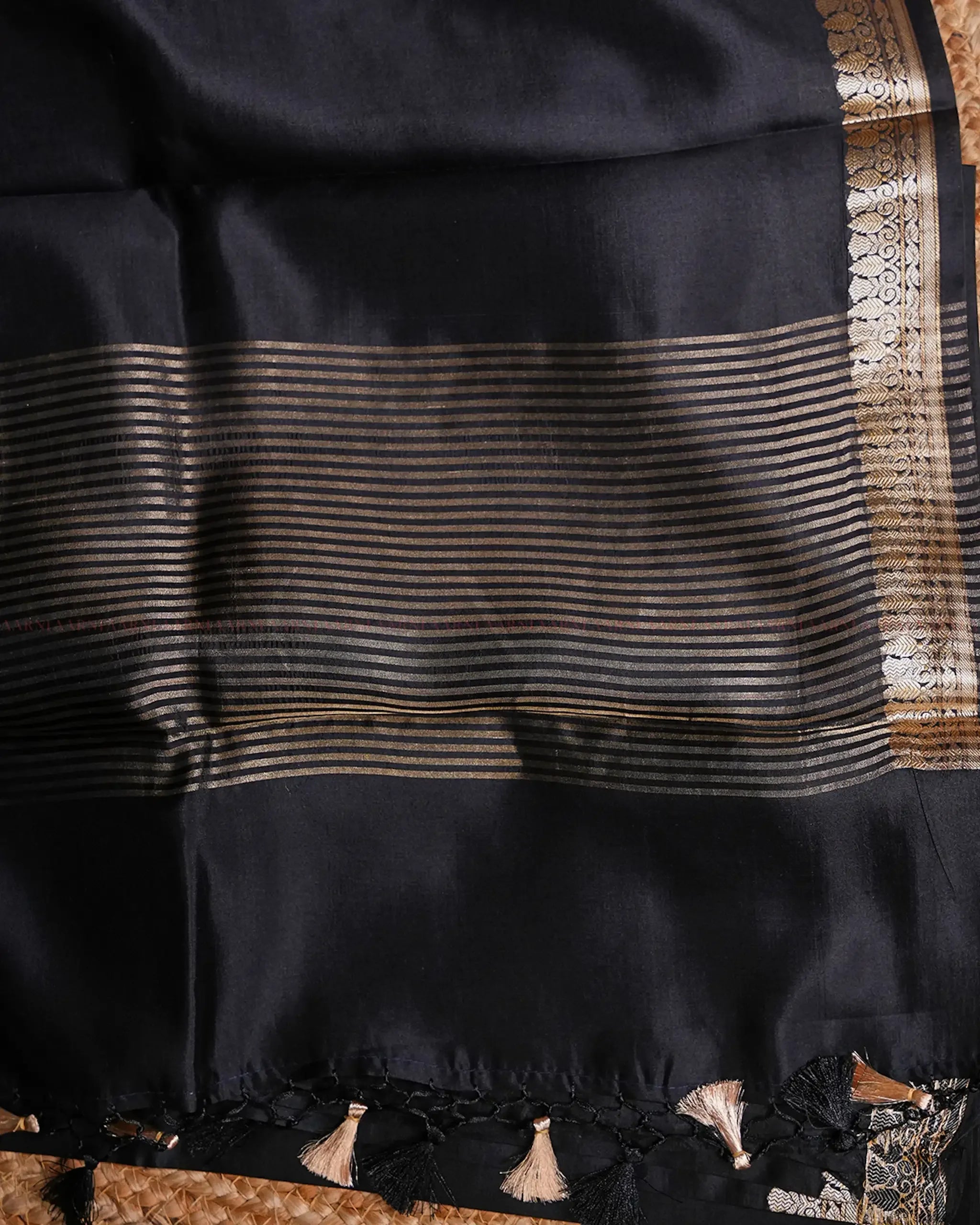 Black Banarasi Silk Saree with Gold and Silver Floral Border - Aarni Clothing - A Destination for Handpicked Ethnic Wear