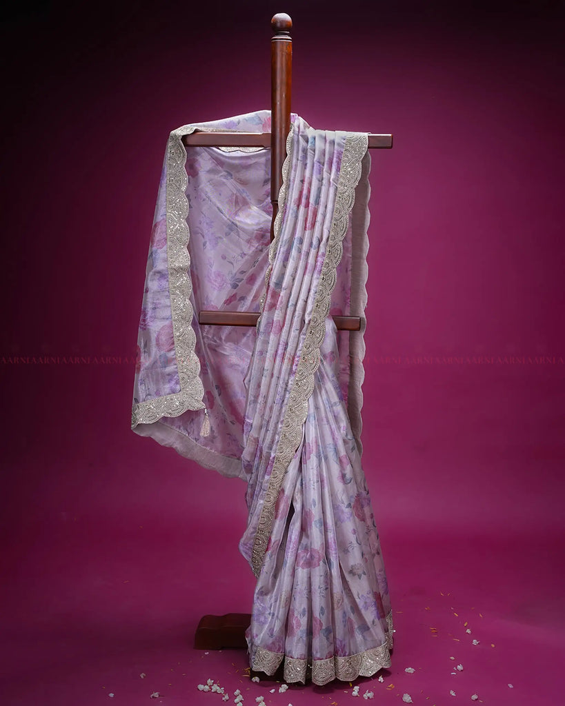 Pink Gold Tissue Organza Saree with Digital Floral Print and Sequin Border