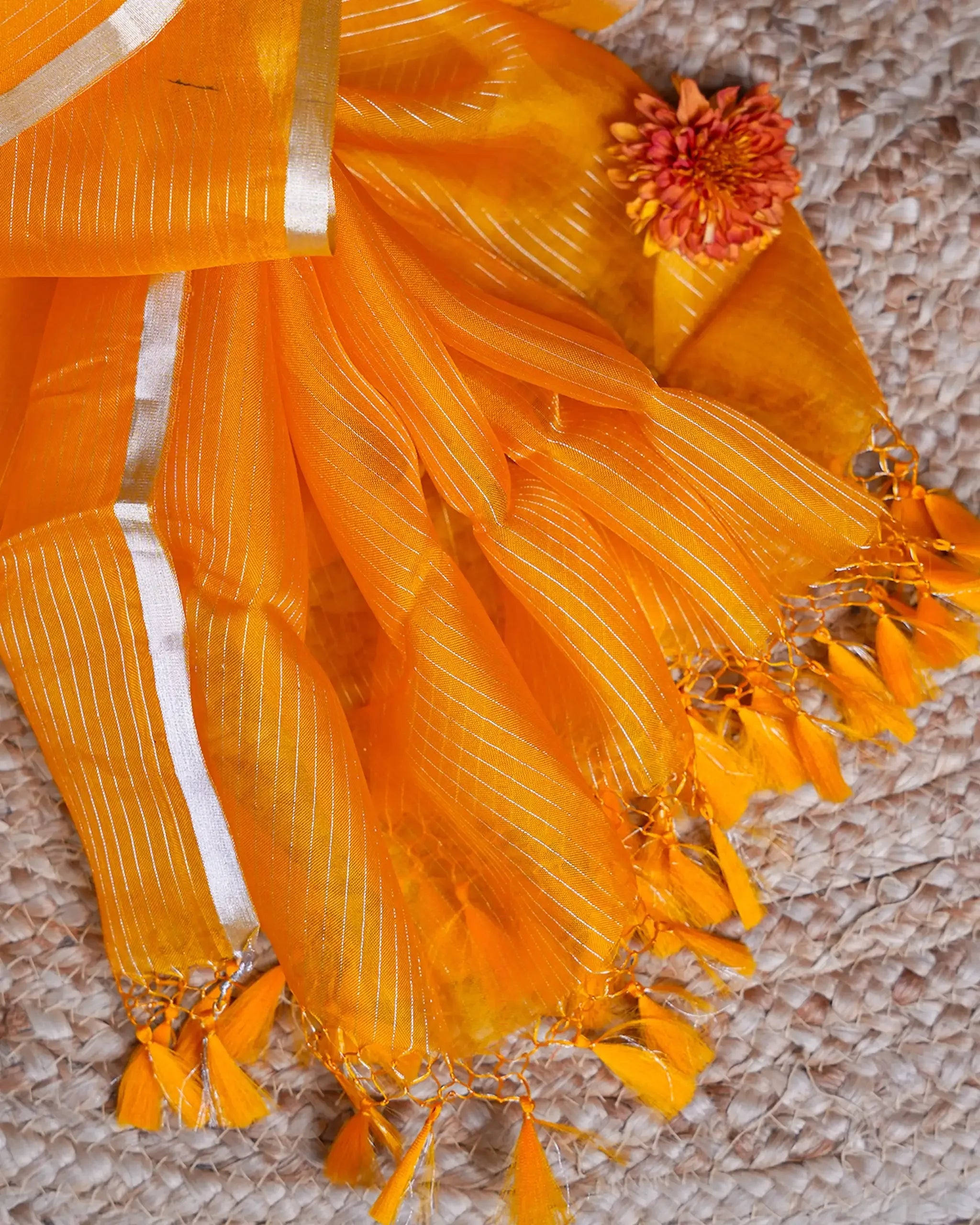 Yellow Banarasi Organza Saree with Gold Stripes - Aarni Clothing - A Destination for Handpicked Ethnic Wear