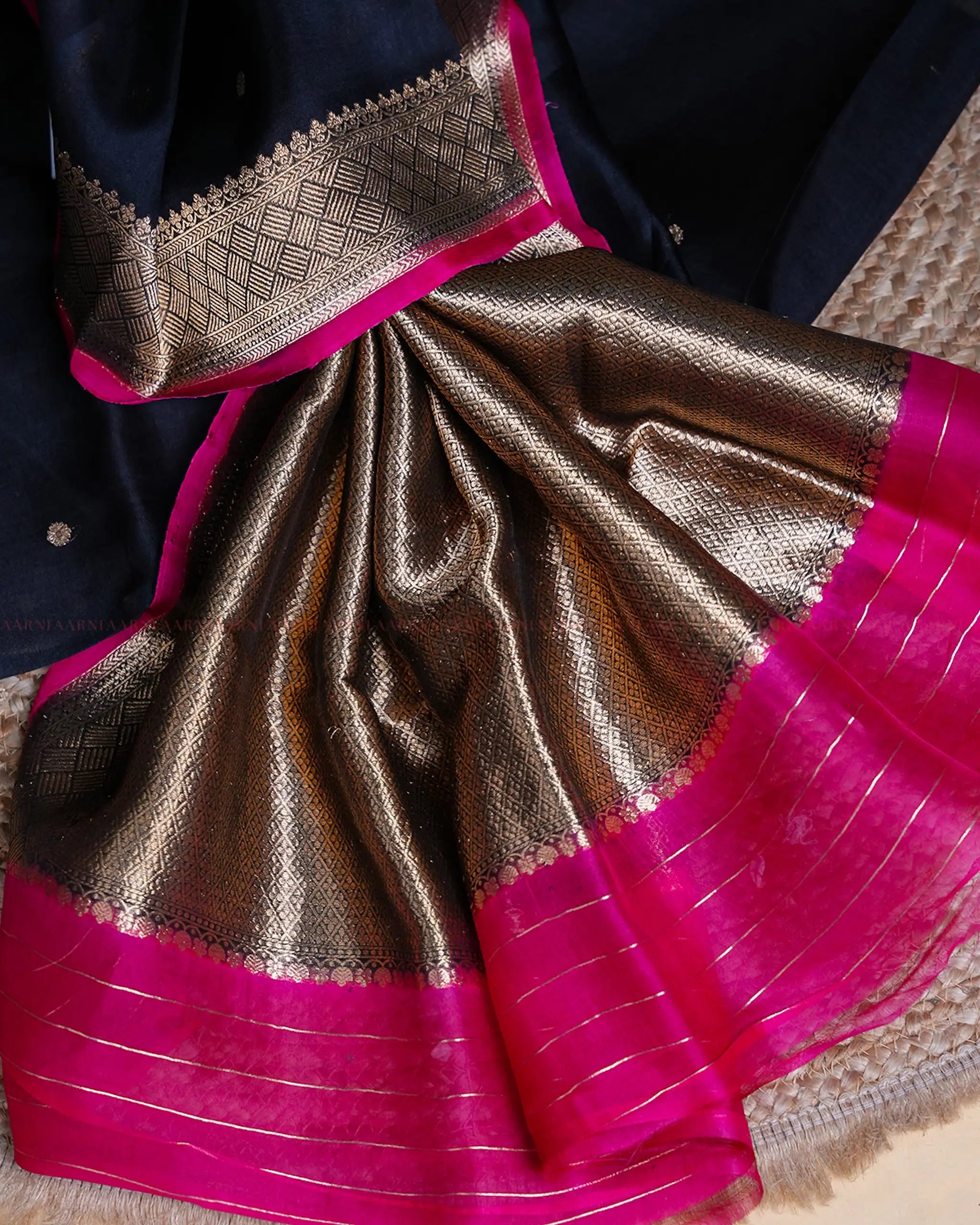 Black Banarasi Organza Silk Saree with Checkered Border and Pink Detailing
