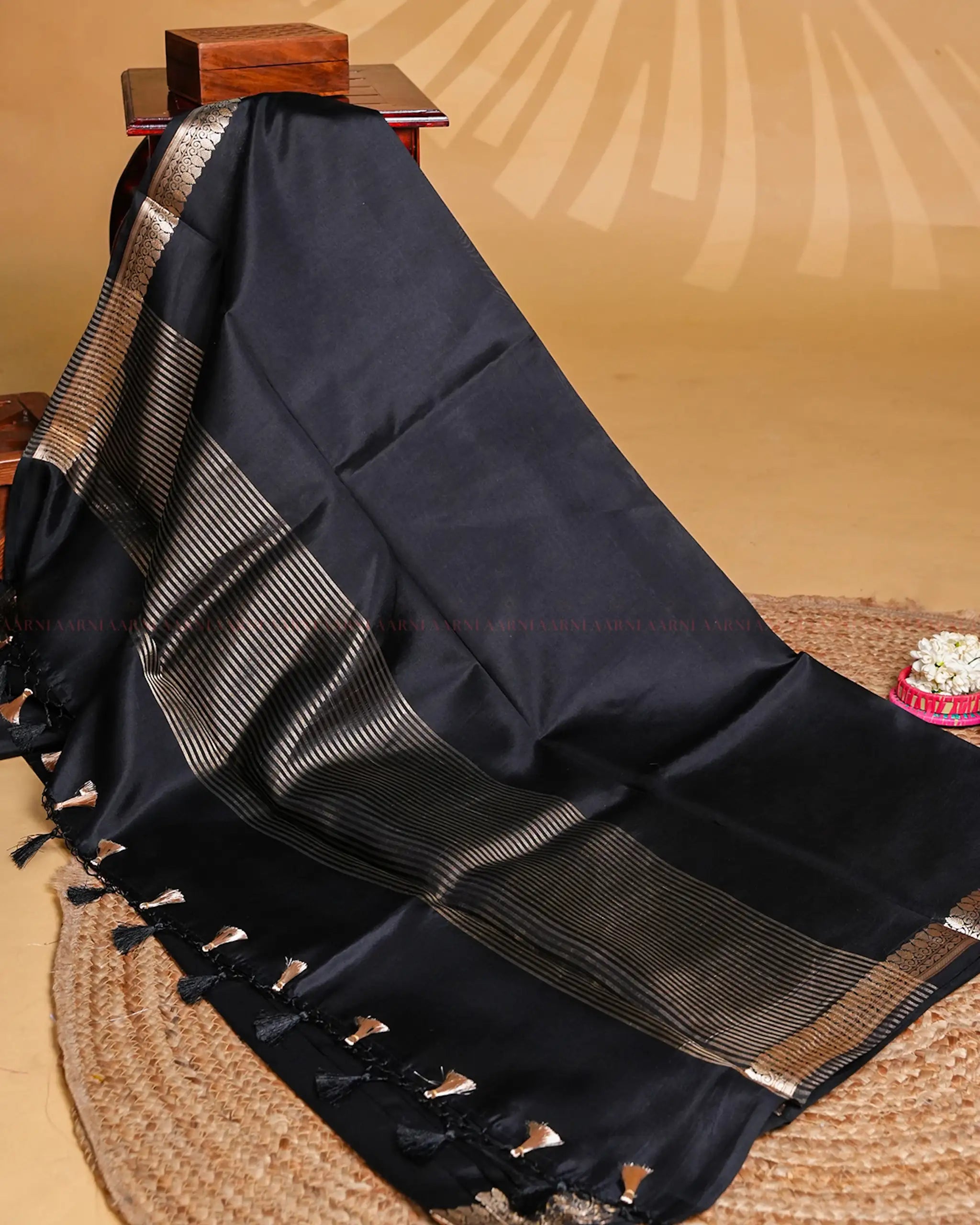 Black Banarasi Silk Saree with Gold and Silver Floral Border