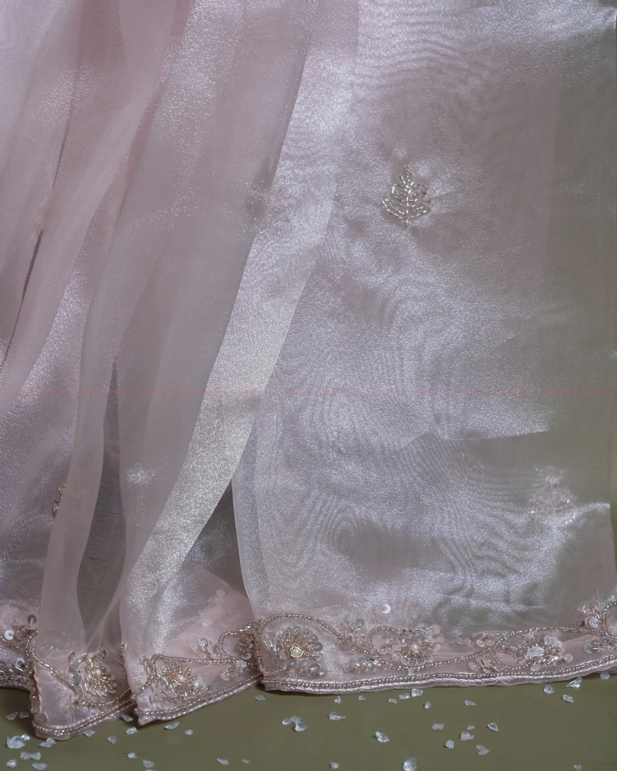 Pink Glass Organza Tissue Saree with Floral Bead and Sequin Embroidery