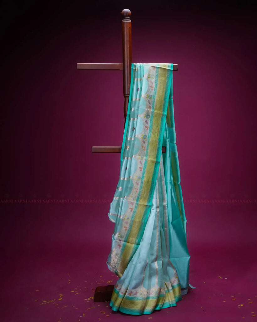 Soft Aqua Organza Saree with Gold and Silver Stripes