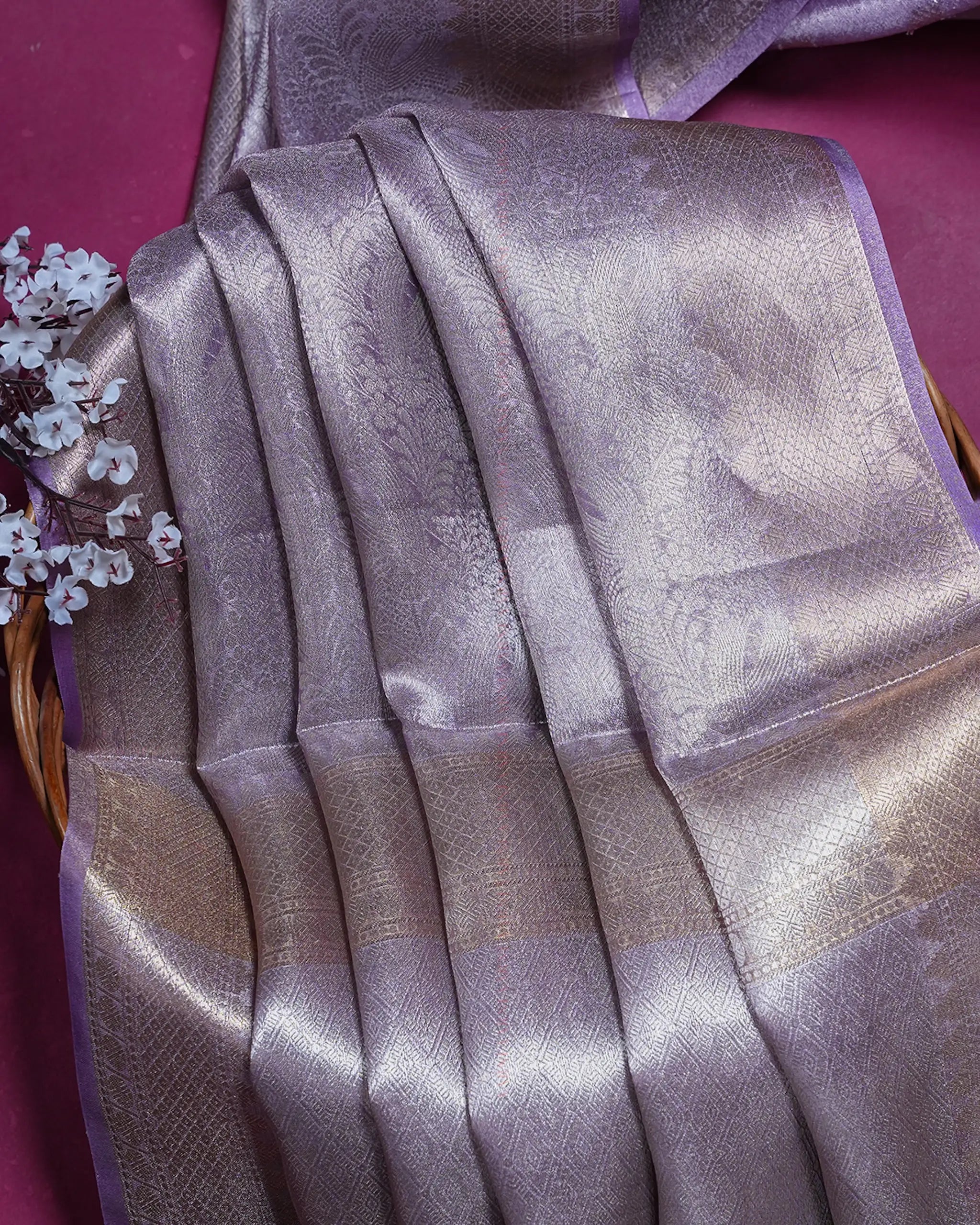 Purple Banarasi Tissue Silk Saree with Gold Border and Brocade Weave