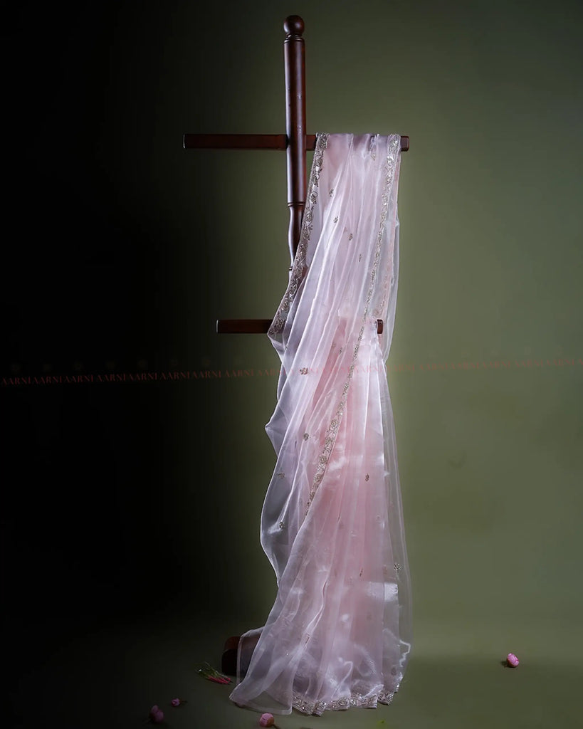 Pink Glass Organza Tissue Saree with Floral Bead and Sequin Embroidery