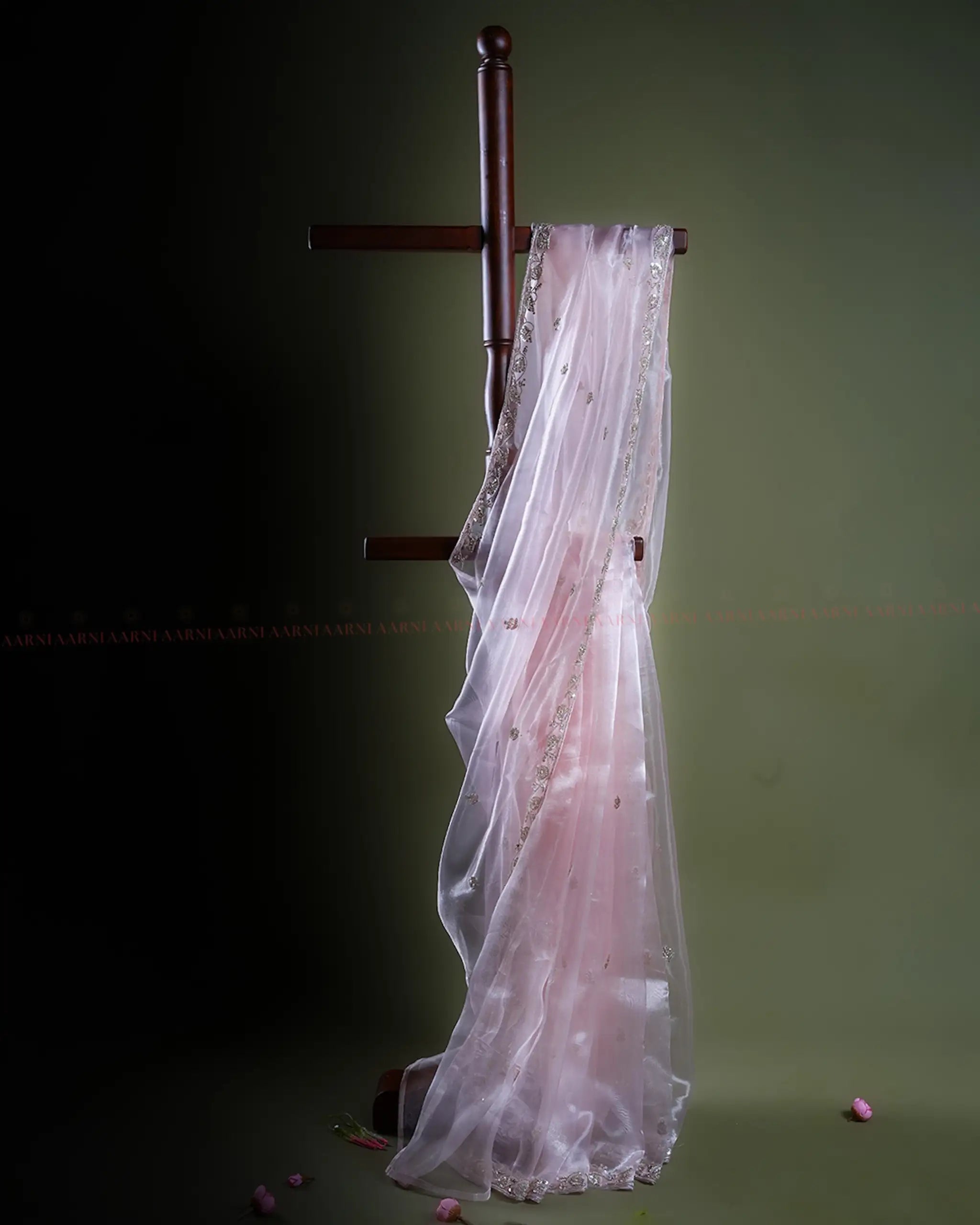 Pink Glass Organza Tissue Saree with Floral Bead and Sequin Embroidery