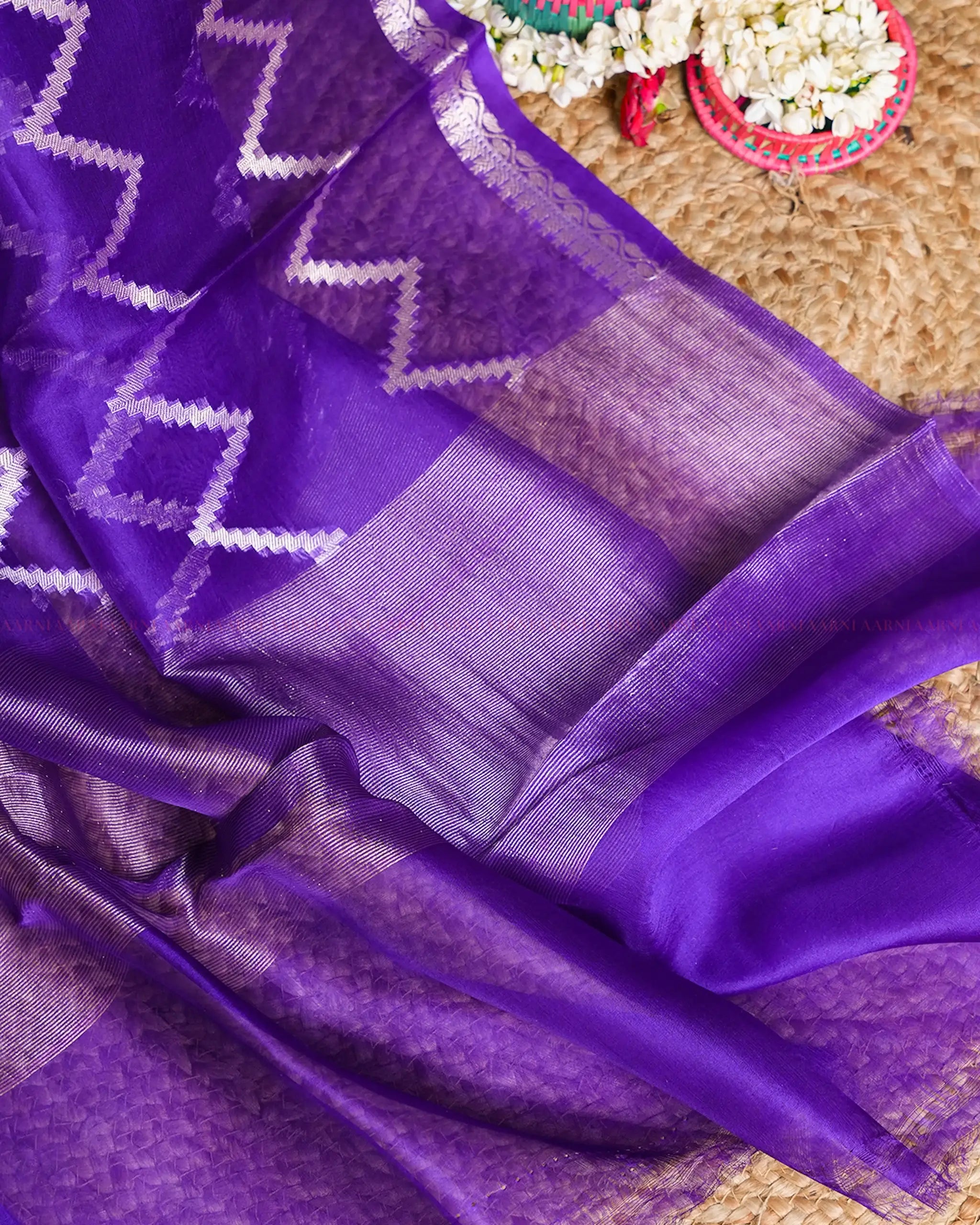 Purple Banarasi Organza Saree with Silver Zigzag Weave