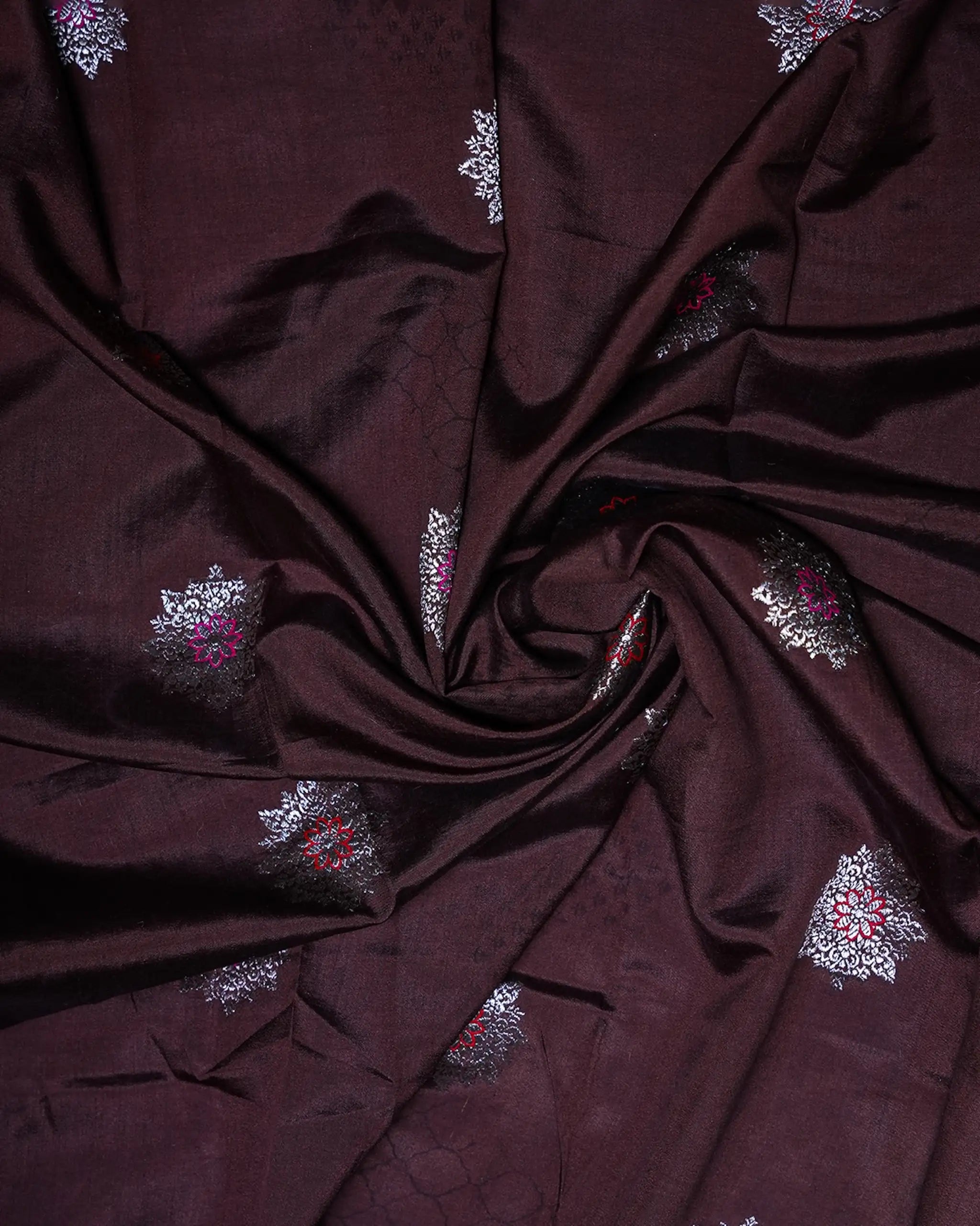 Gold Tissue Banarasi Saree with Brown Border and Red Tassels