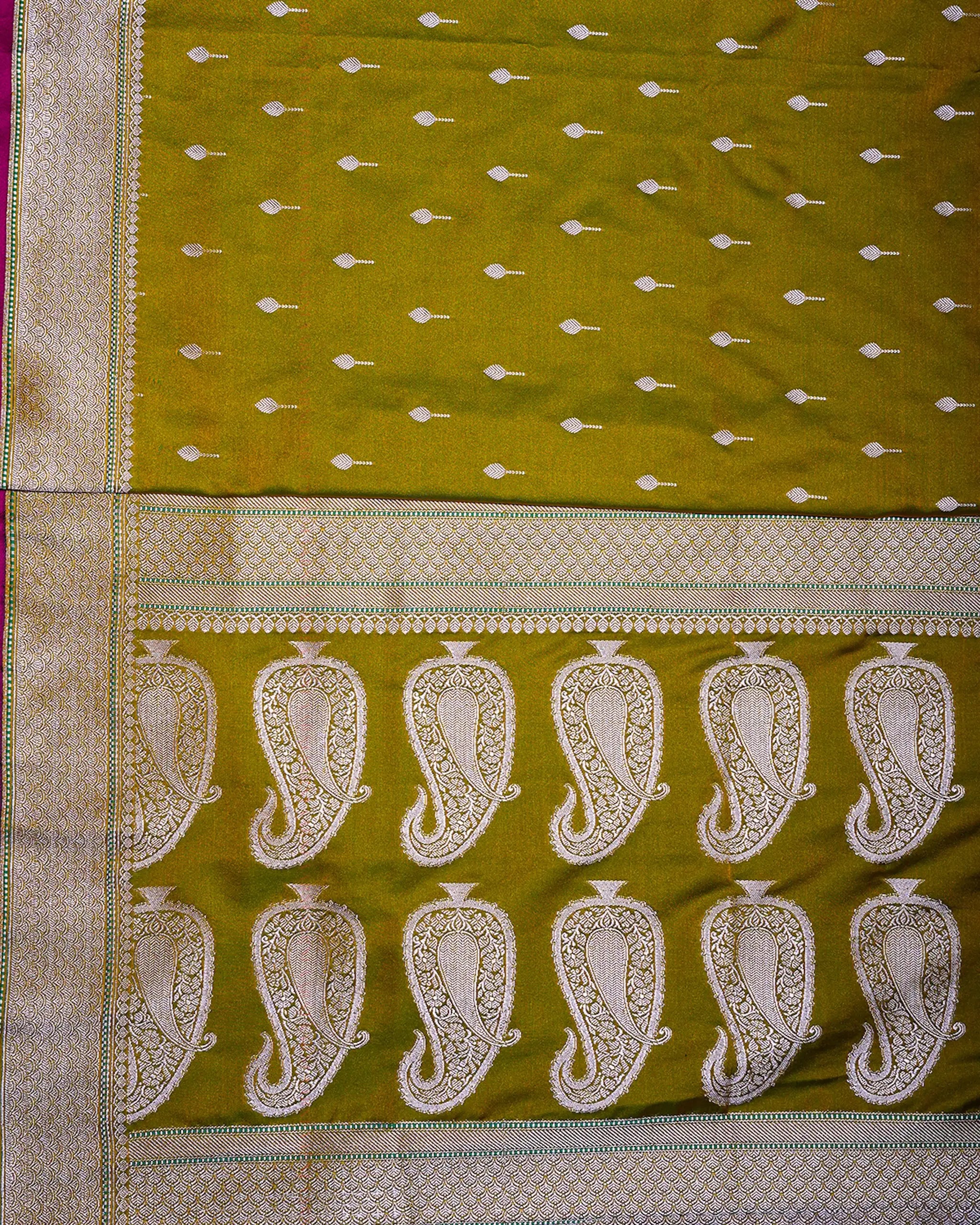 Green Mashru Silk Saree with Silver Zari Border and Mango Motifs