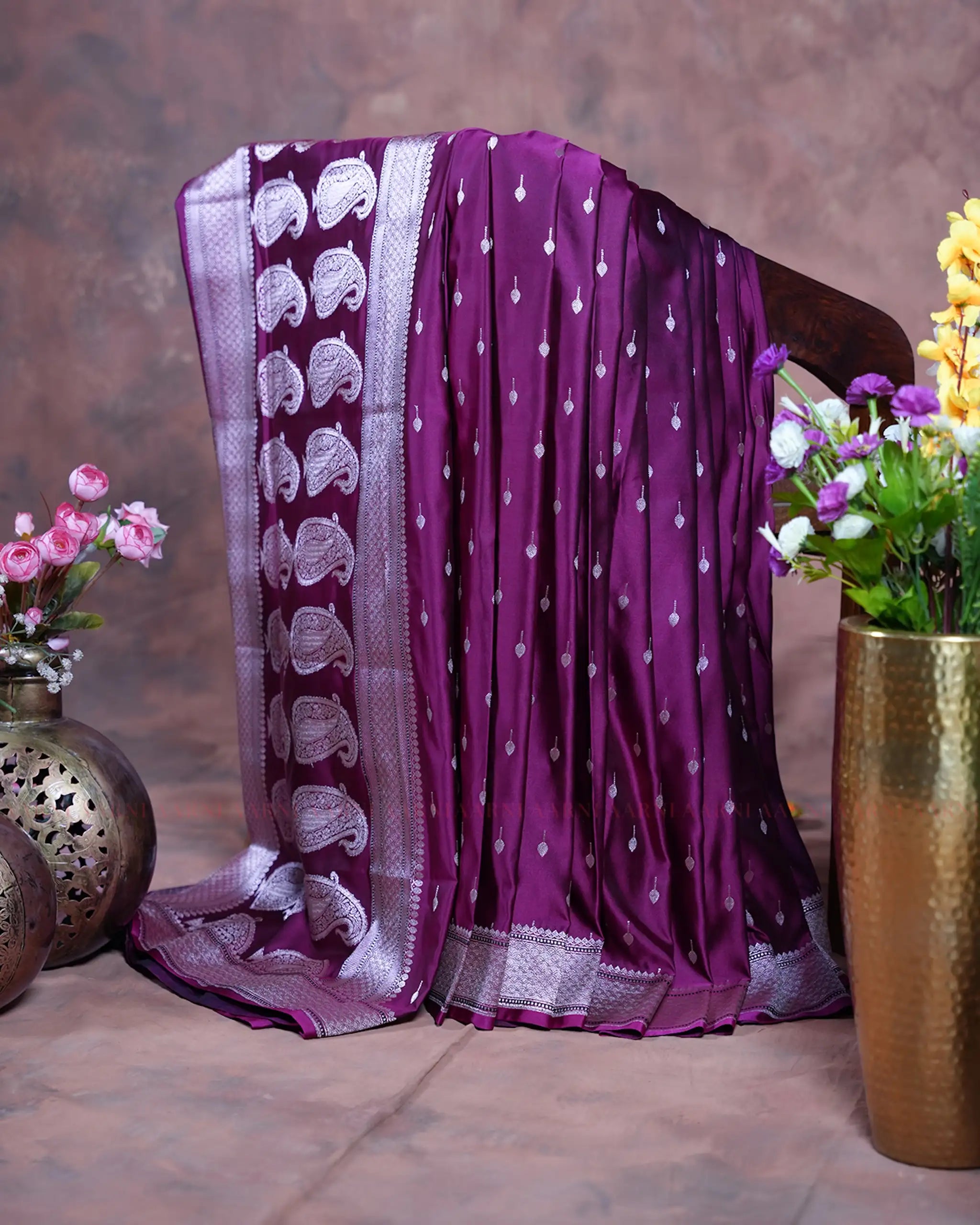 Purple Mashru Silk Saree with Silver Zari Border and Mango Motifs