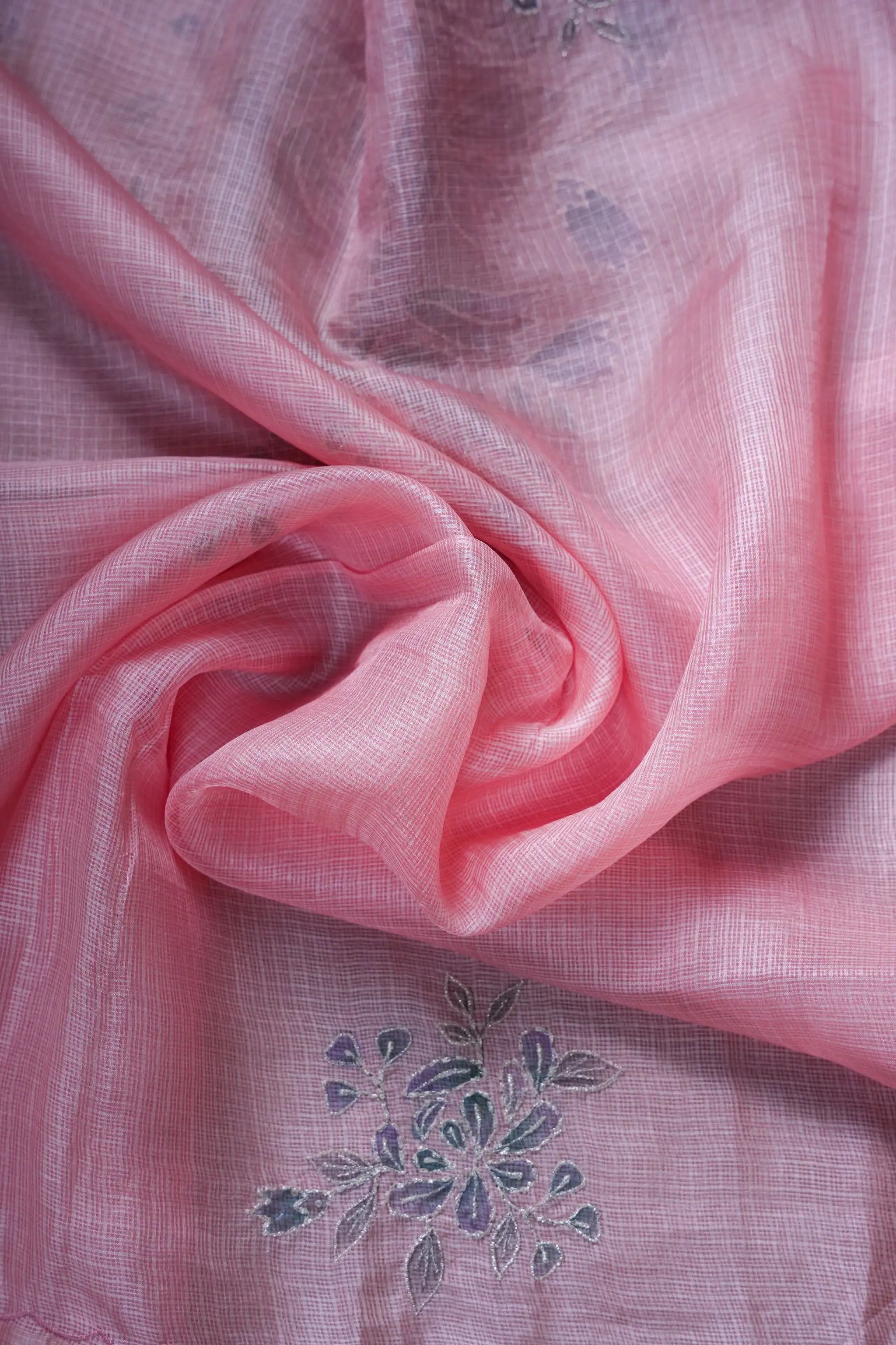 Pink Kota Saree with Hand-Painted Floral Design and Scalloped Border