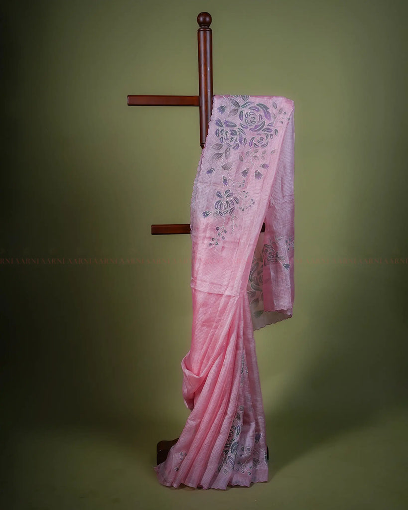 Pink Kota Saree with Hand-Painted Floral Design and Scalloped Border