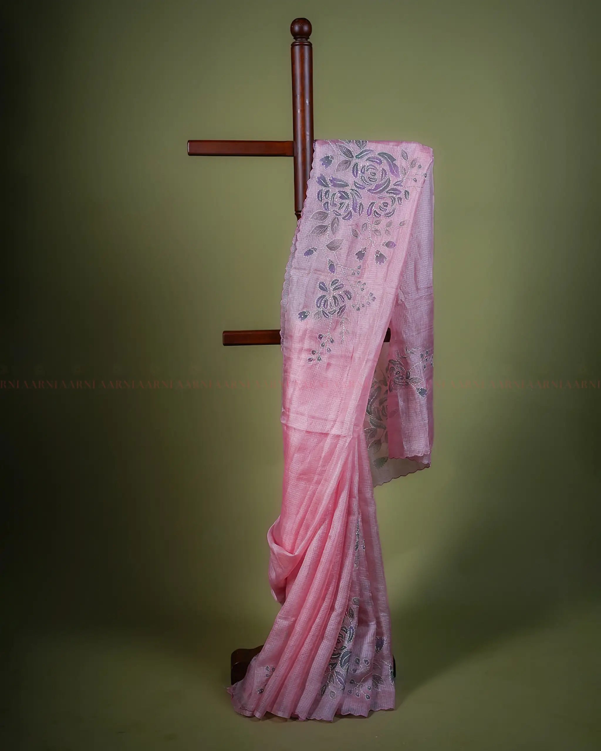 Pink Kota Saree with Hand-Painted Floral Design and Scalloped Border