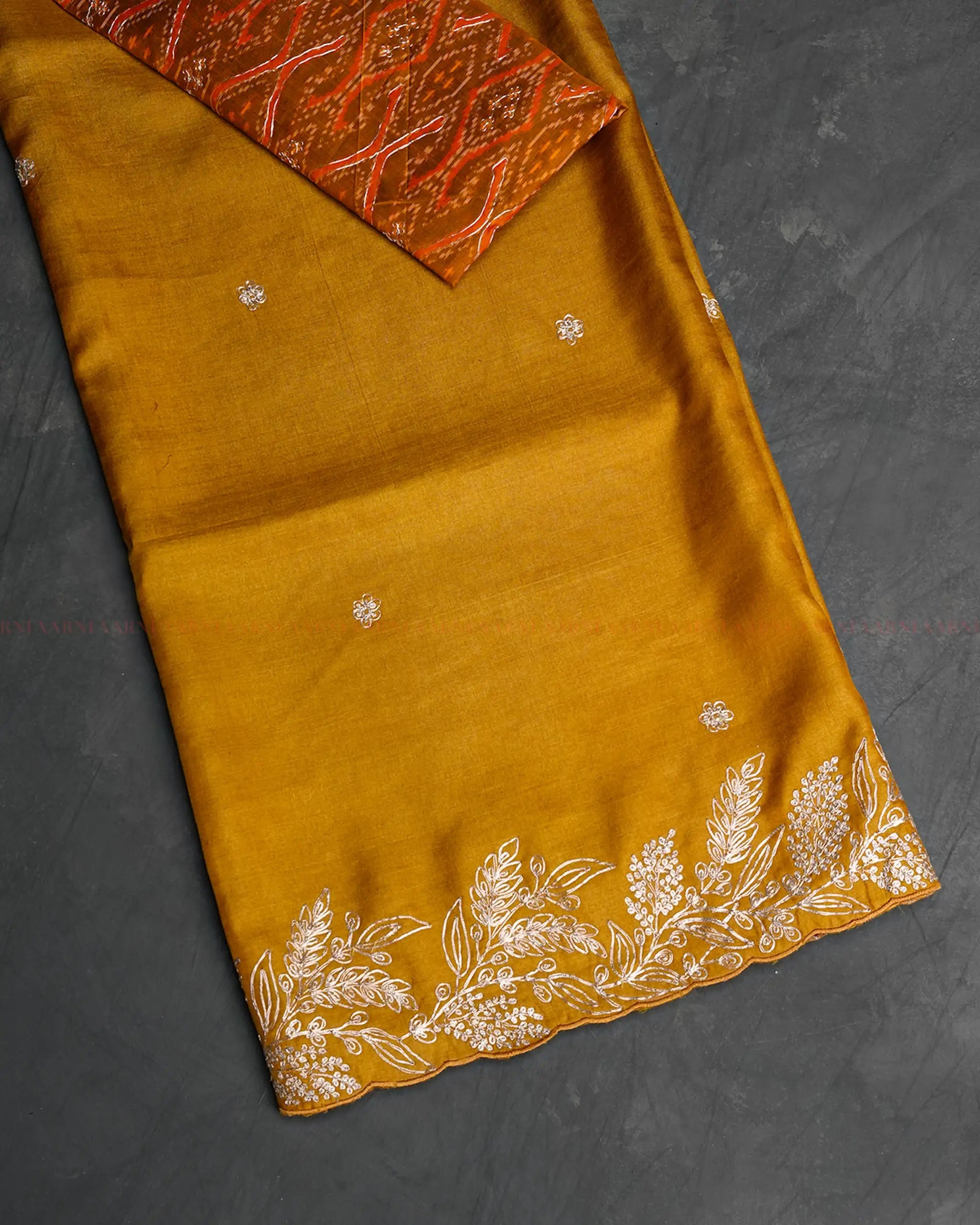 Yellow Tussar Silk Saree with Floral Pittan Embroidery and Ikkat Blouse