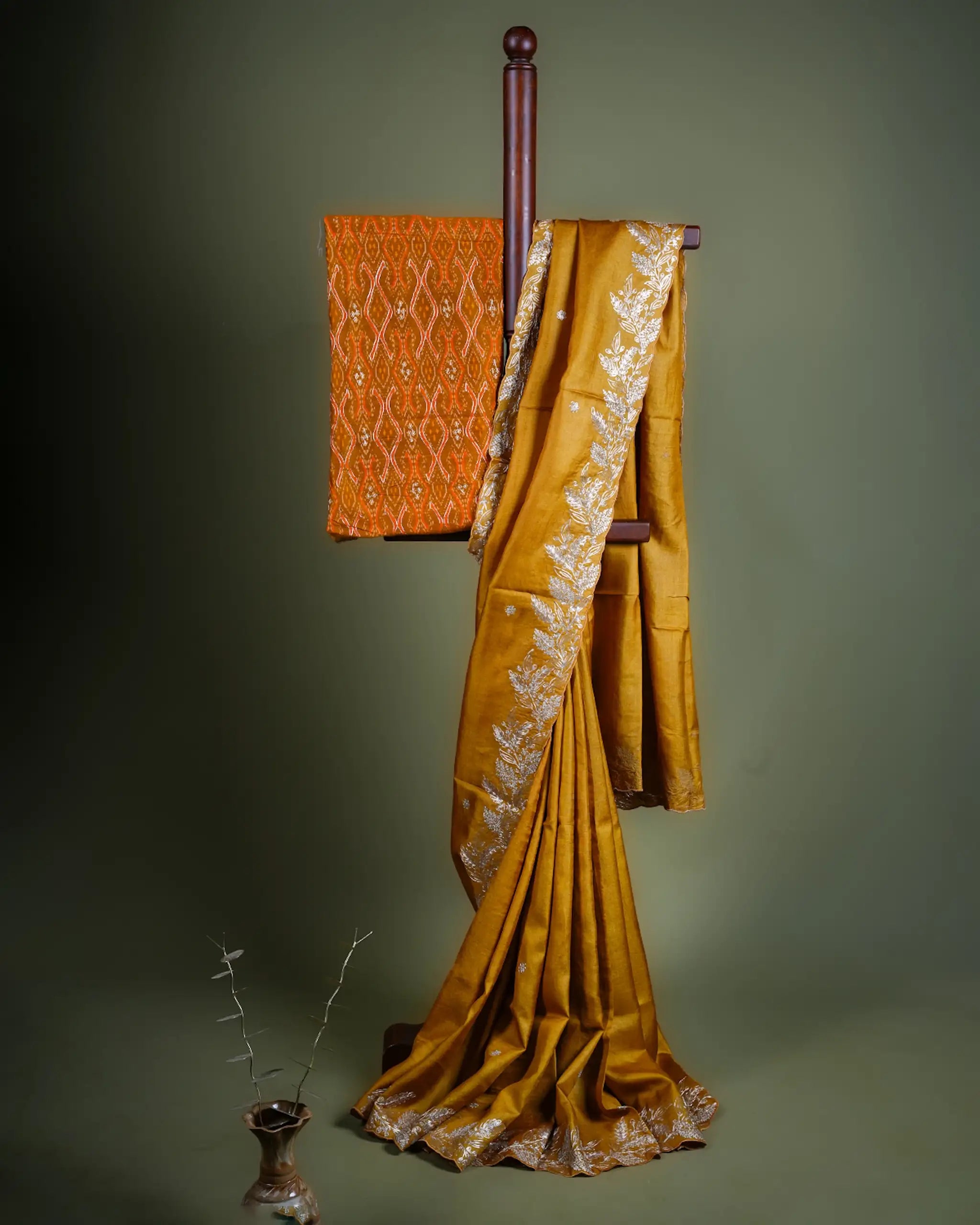 Yellow Tussar Silk Saree with Floral Pittan Embroidery and Ikkat Blouse