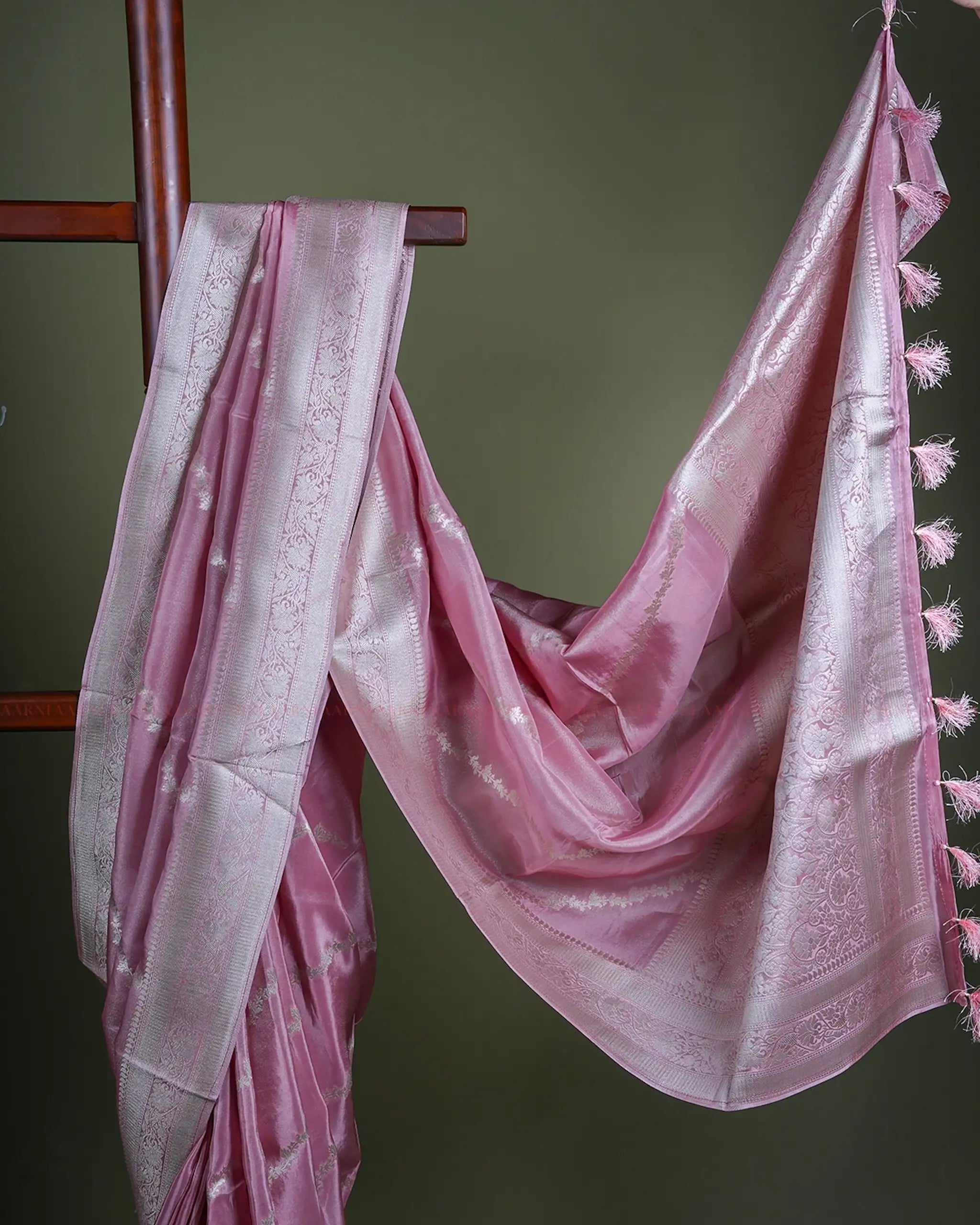 Pink Tissue Silk Banarasi Saree with Silver Floral Border