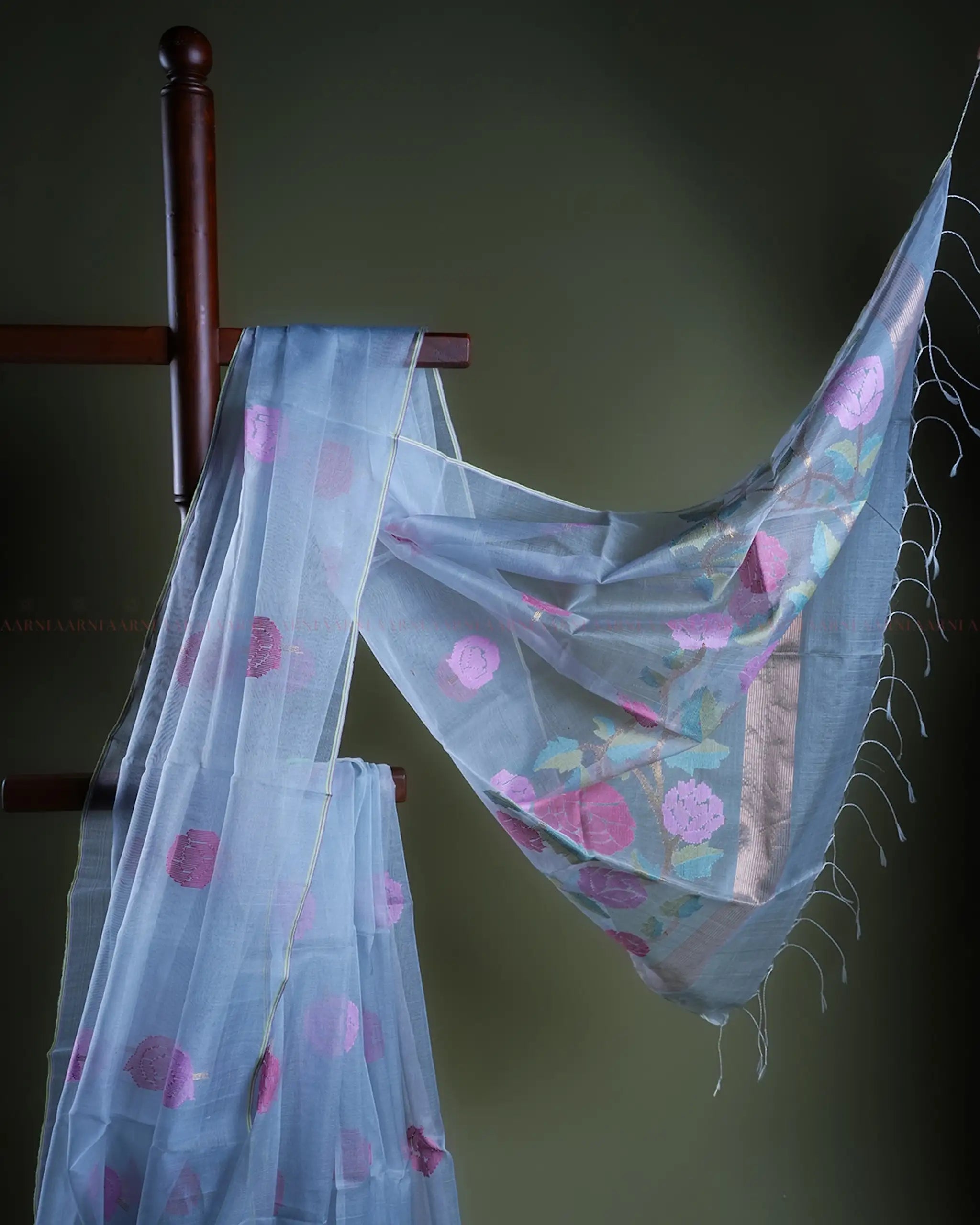 Light Blue Jamdani Saree with Gold Patti Border