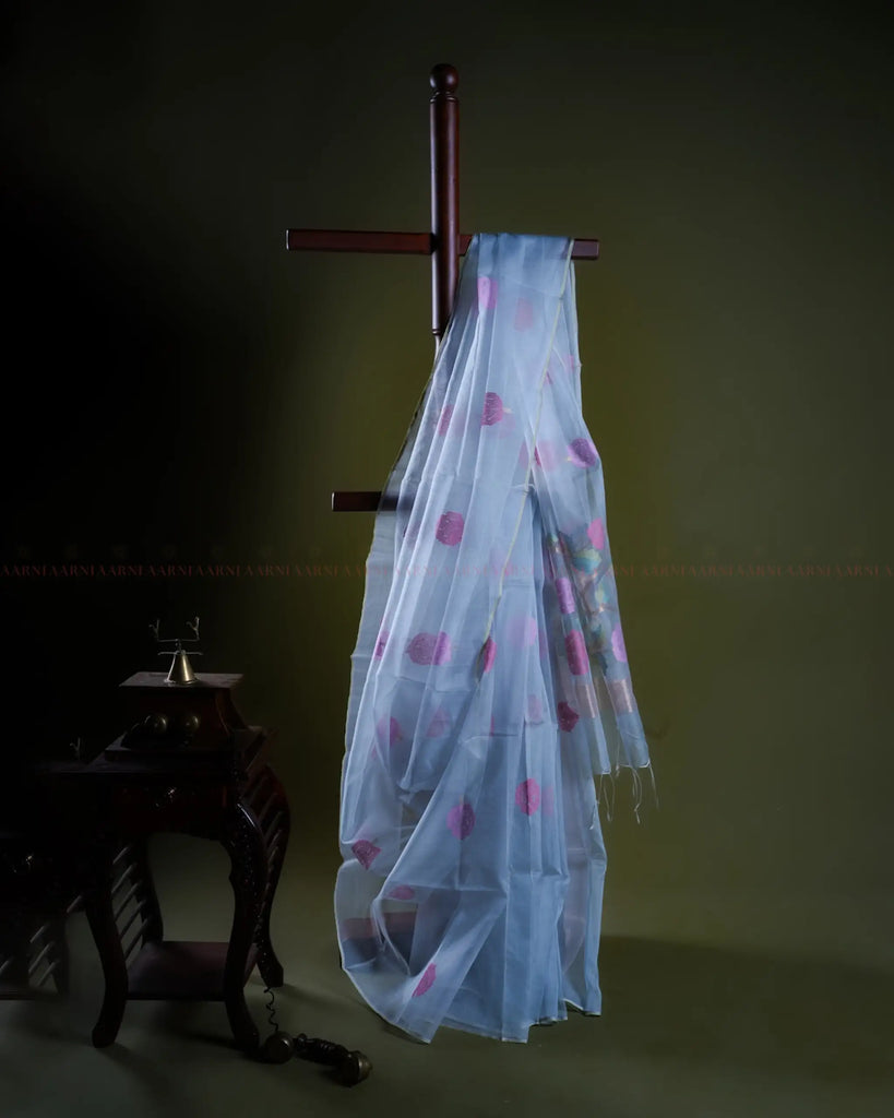 Light Blue Jamdani Saree with Gold Patti Border