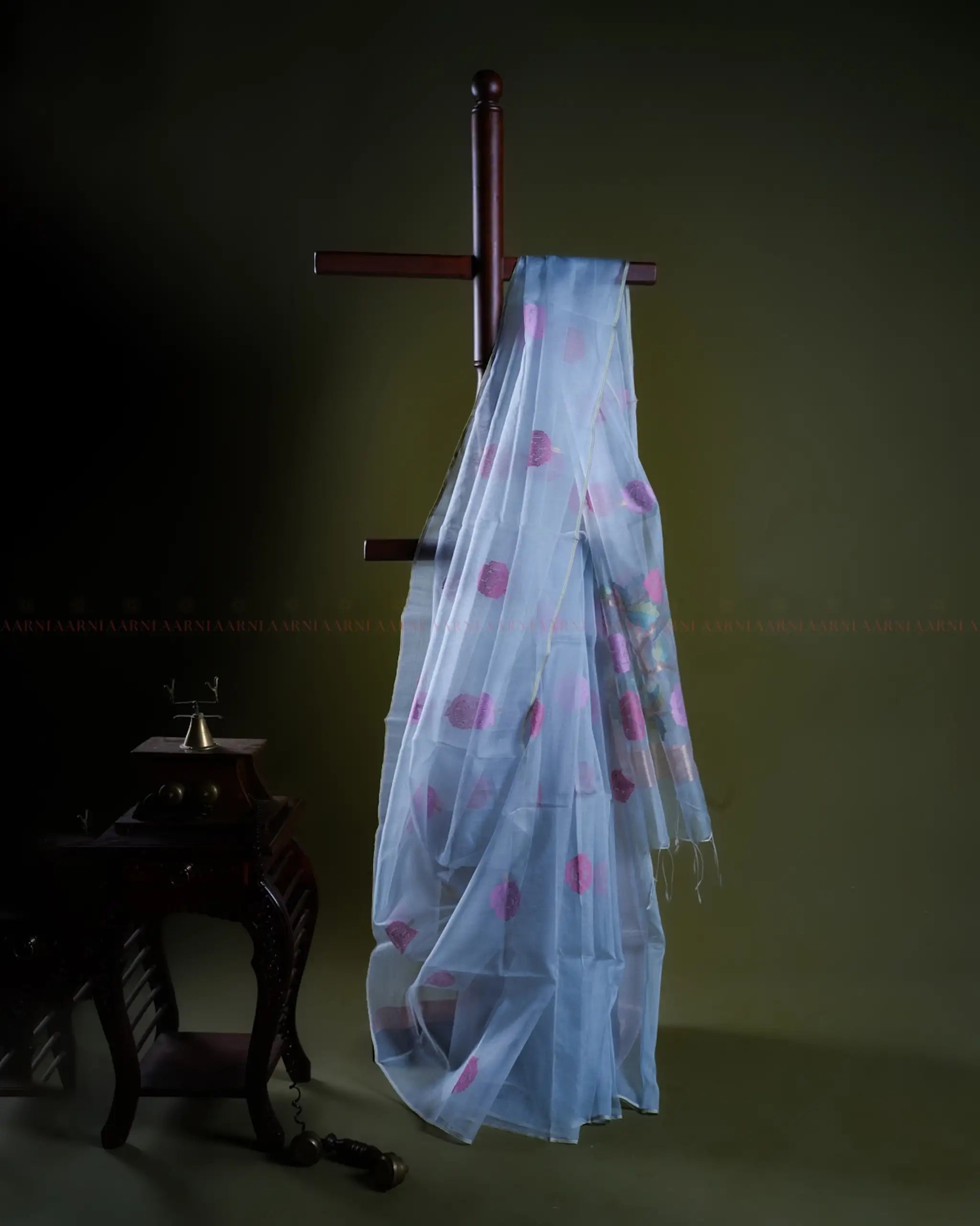 Light Blue Jamdani Saree with Gold Patti Border