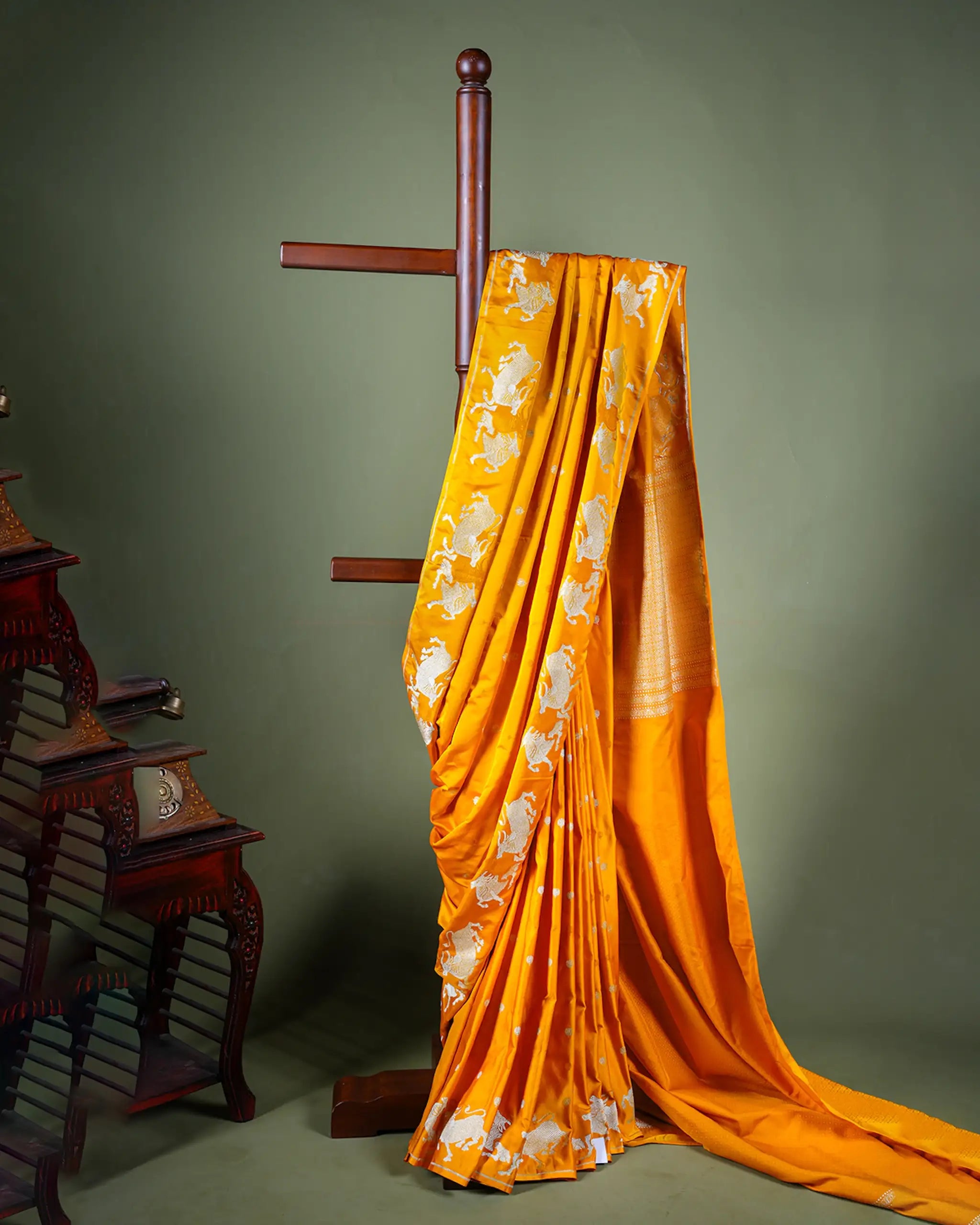 Yellow Banarasi Mashru Silk Saree with Pichwai-Inspired Border