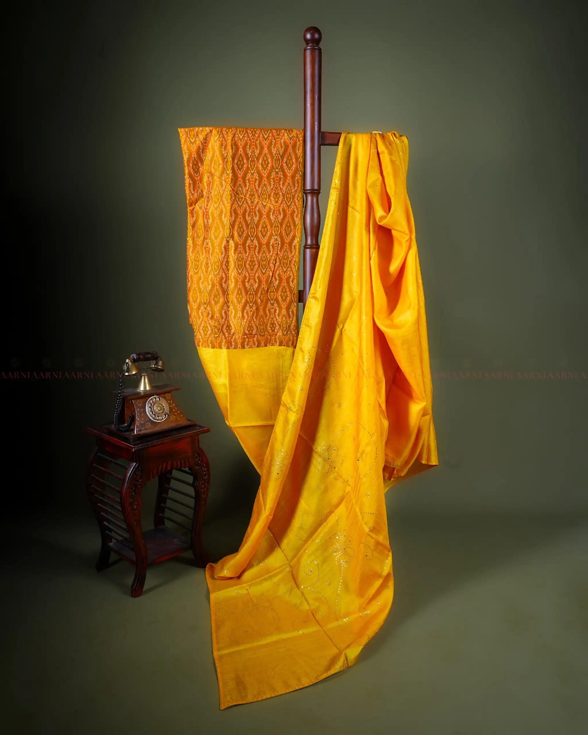 Yellow Tussar Silk Saree with Mukesh Work and Ikkat Blouse