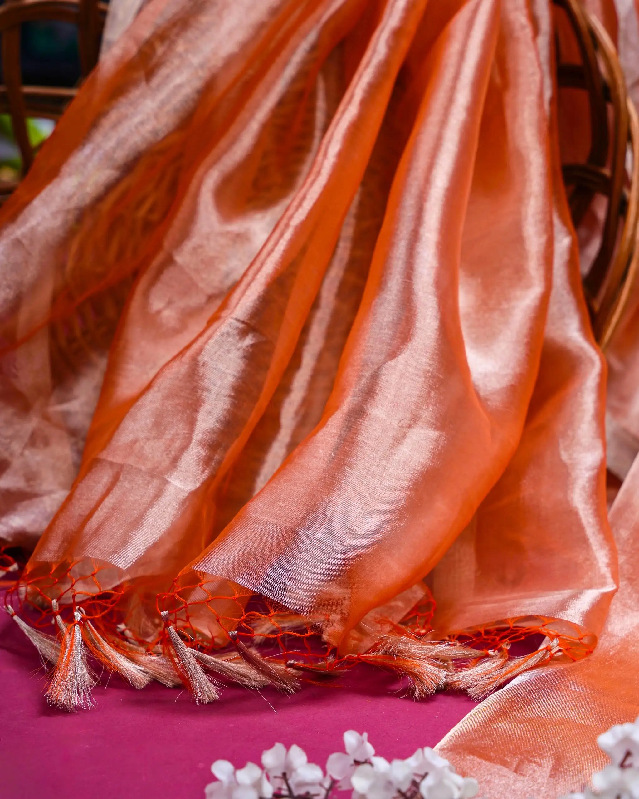 Orange Tissue Organza Silk Saree with Meenakari Floral Blouse