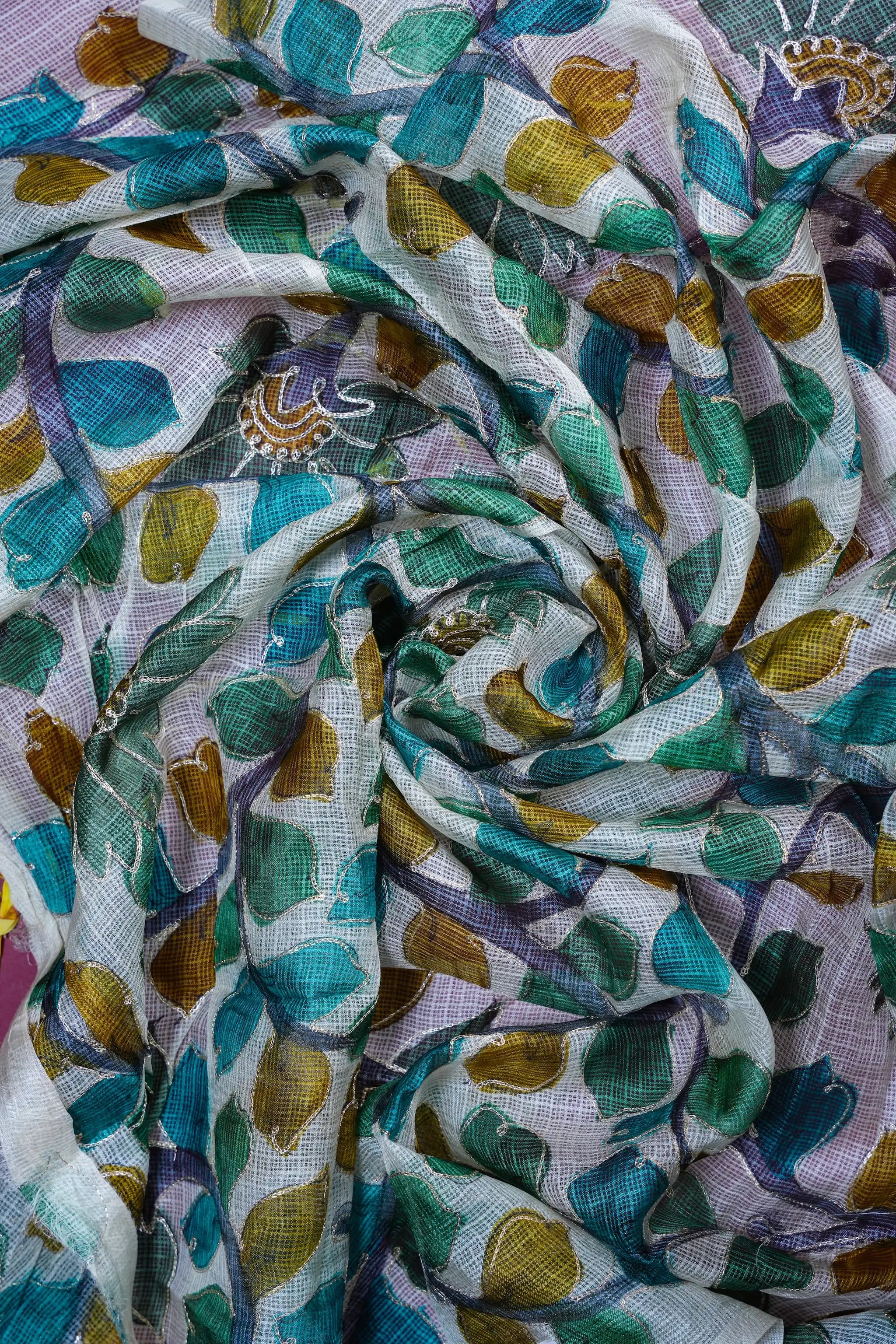 Green Kota Saree with Zari Embroidery and Floral Printed Blouse