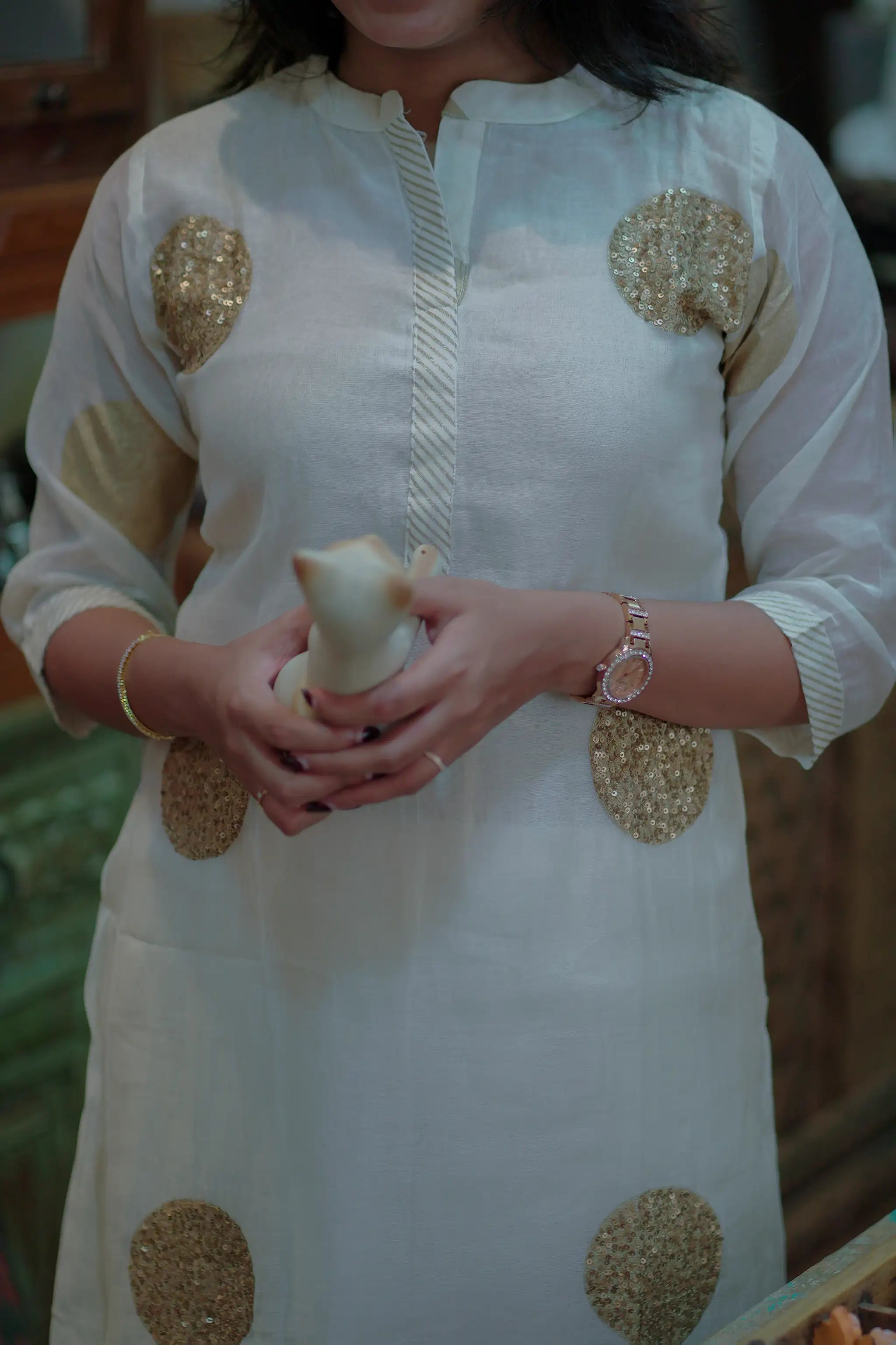 White Mul Chanderi Sequins Embroidery Suit Set