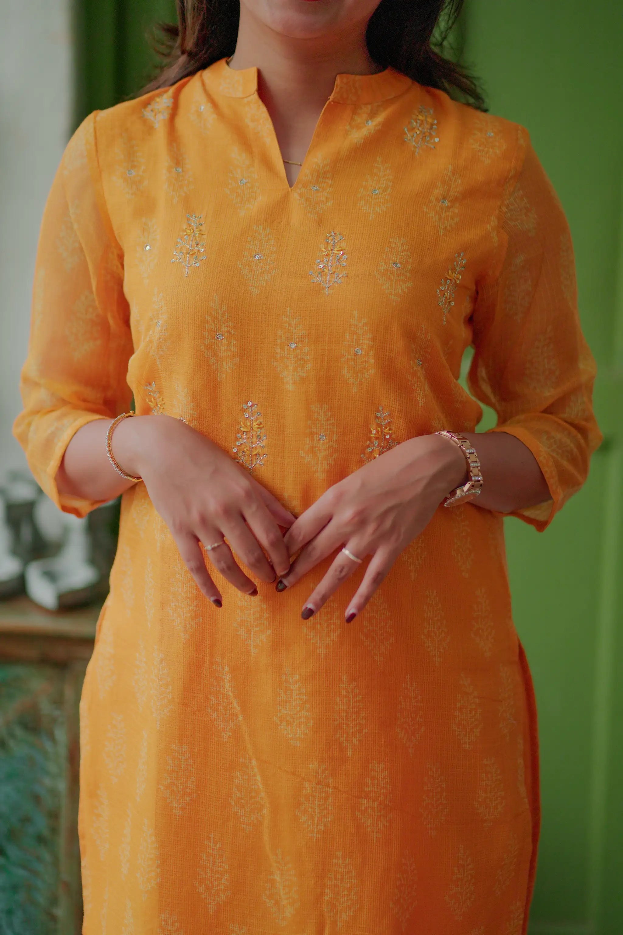 Yellow Hand Block Printed Sequins Embroidered Suit Set