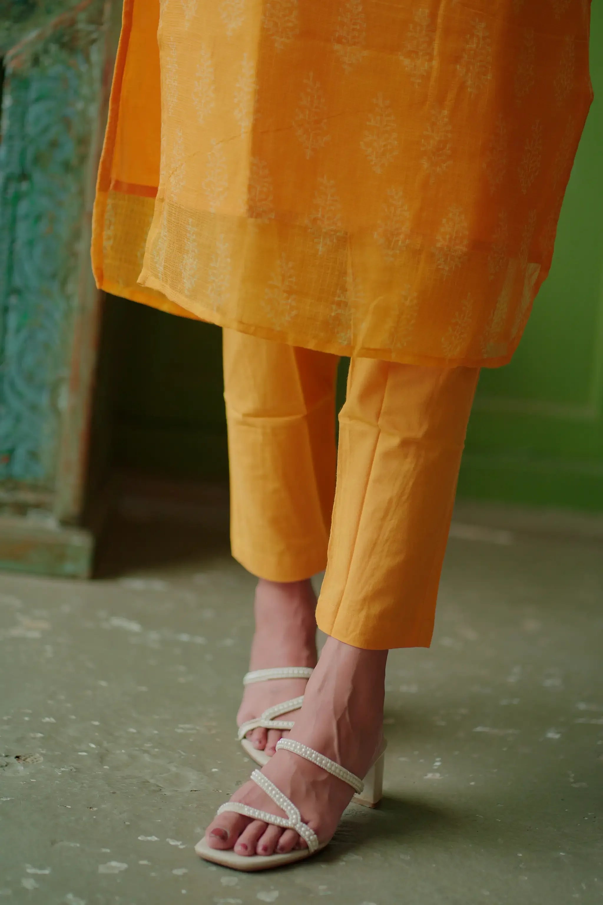 Yellow Hand Block Printed Sequins Embroidered Suit Set - Aarni Clothing - A Destination for Handpicked Ethnic Wear