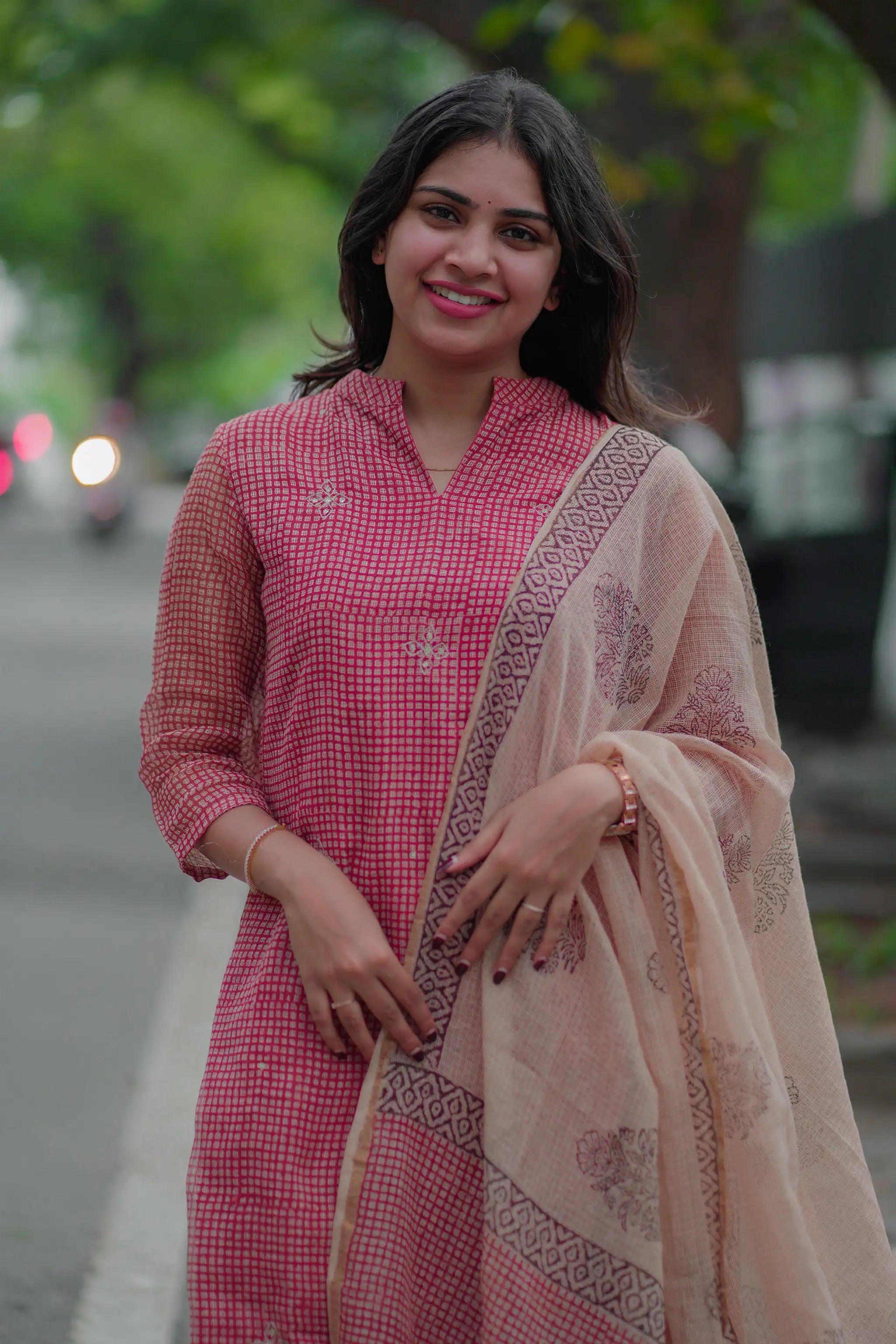 Brown Checkered Kota Zari Embroidered Suit Set