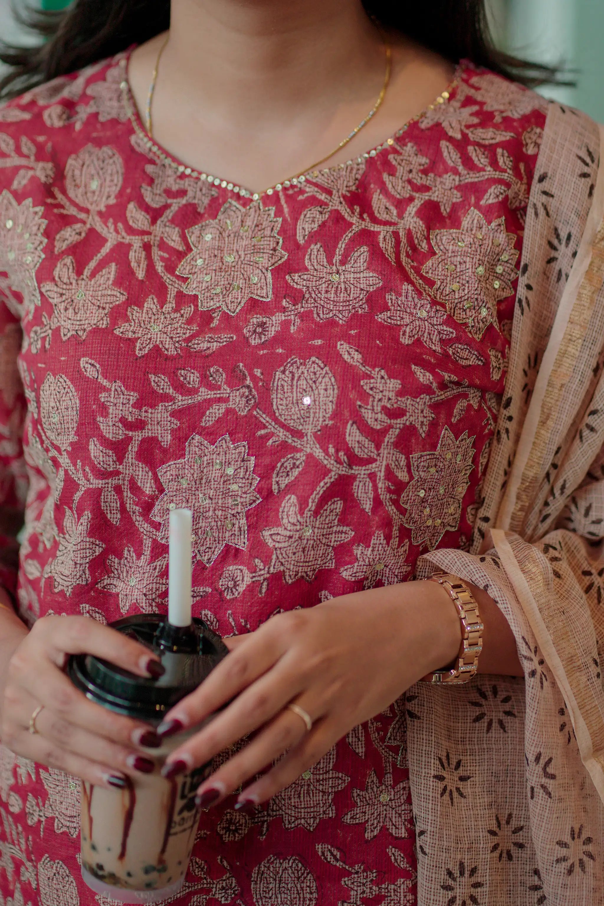 Brown Sequins Embroidered Kota Suit Set