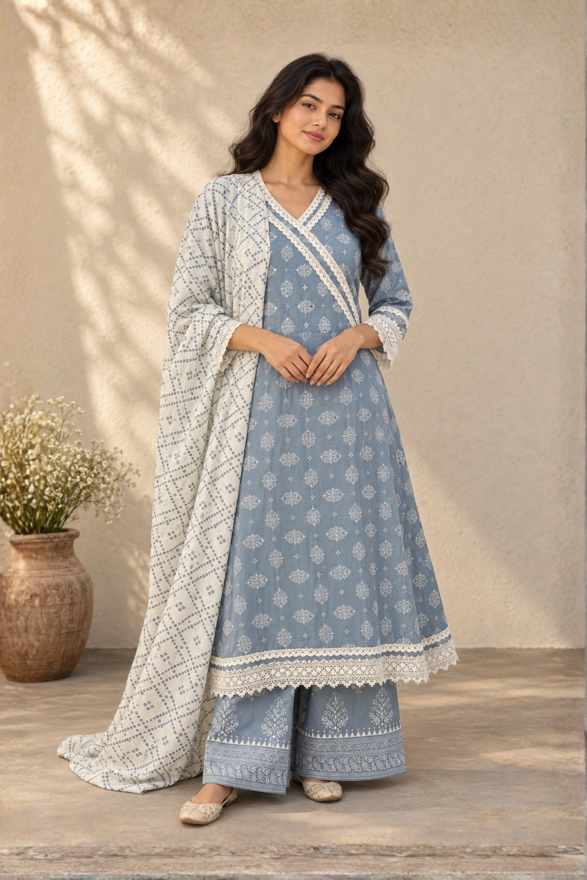 Blue Mirror Embroidered Cotton Anarkali