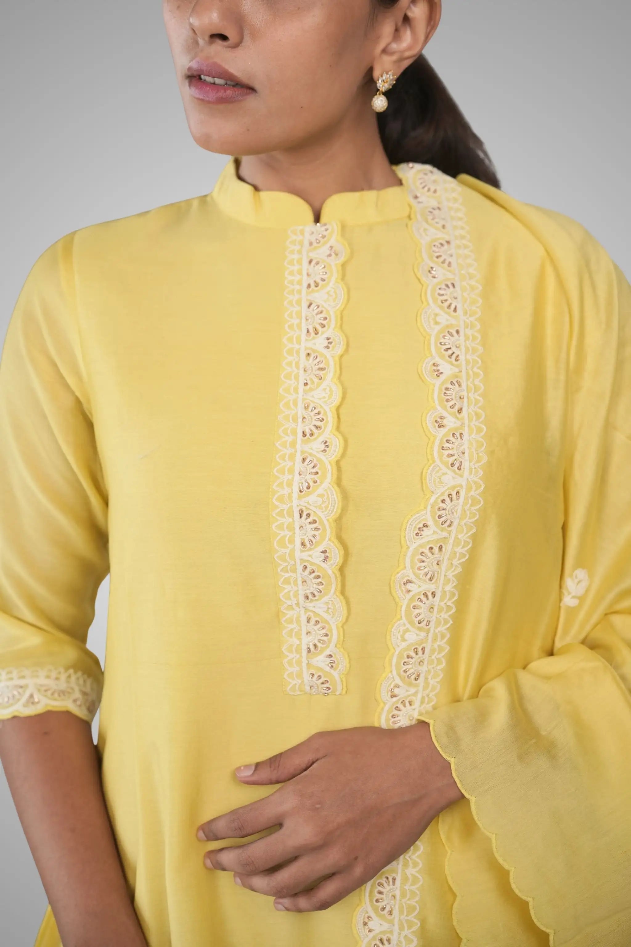Yellow Floral & Pearl Embroidered Silk Suit Set