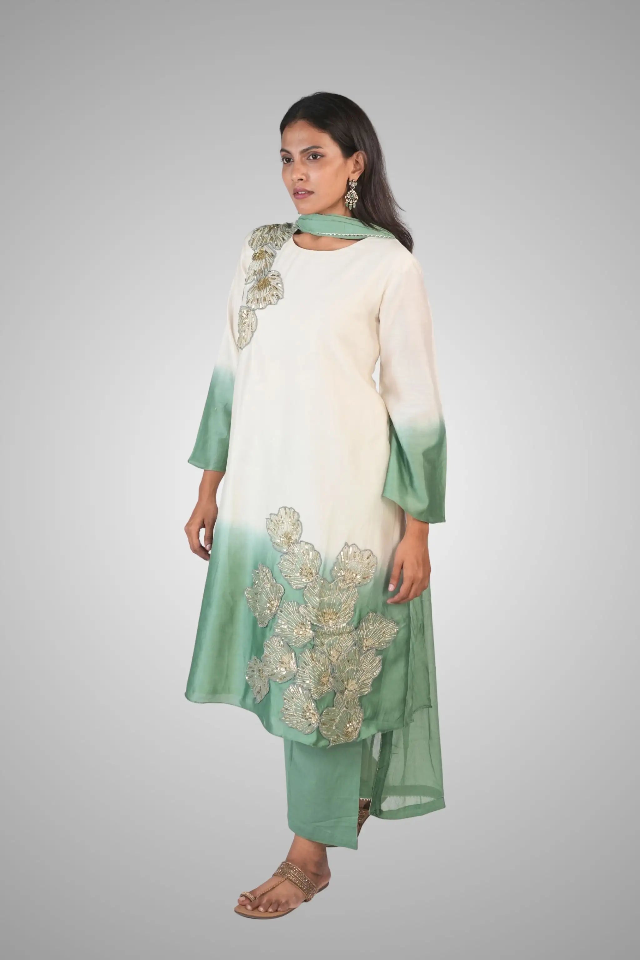 White & Green Applique Embroidered Silk Suit Set