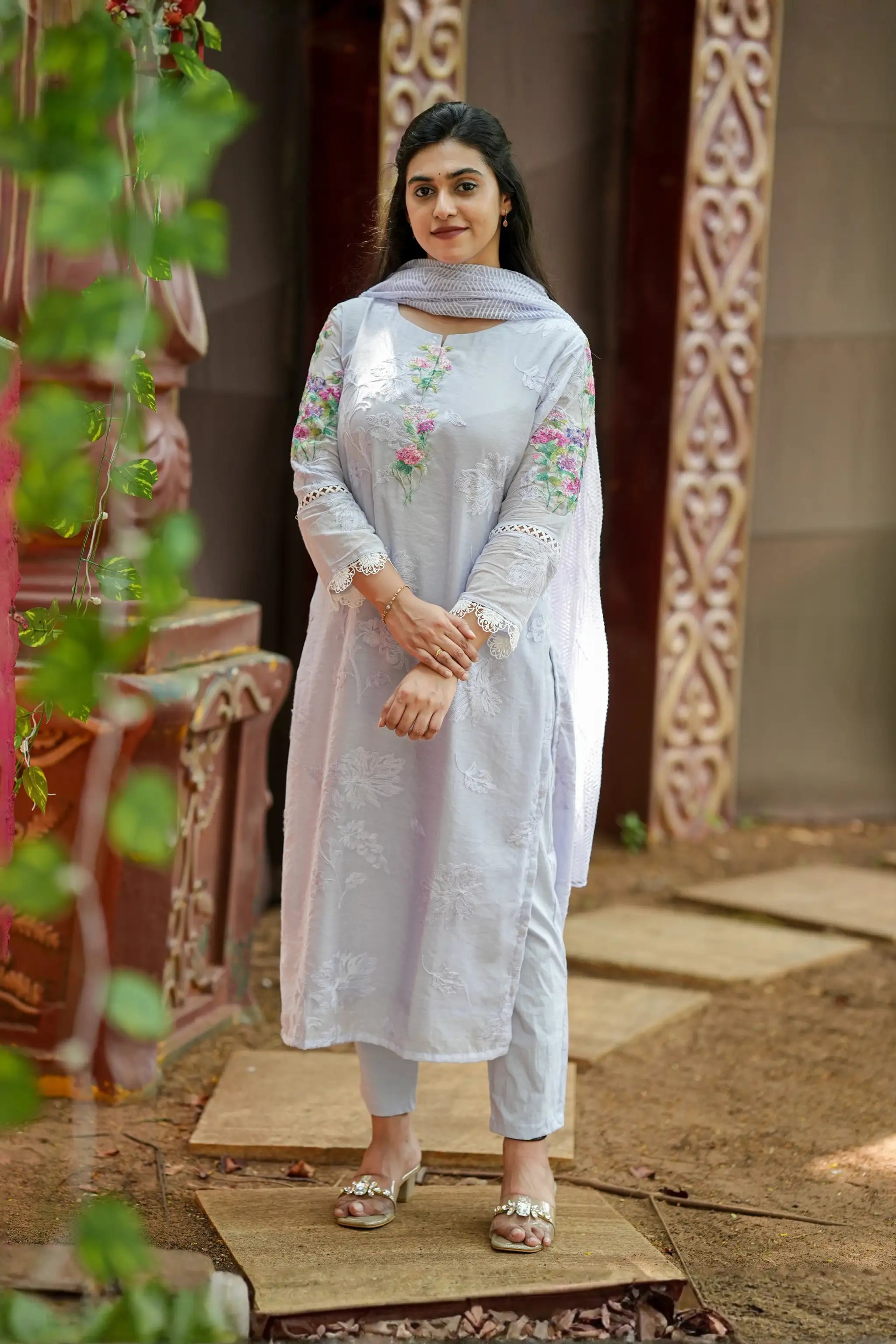 Light Blue Applique Embroidered Cotton Suit Set