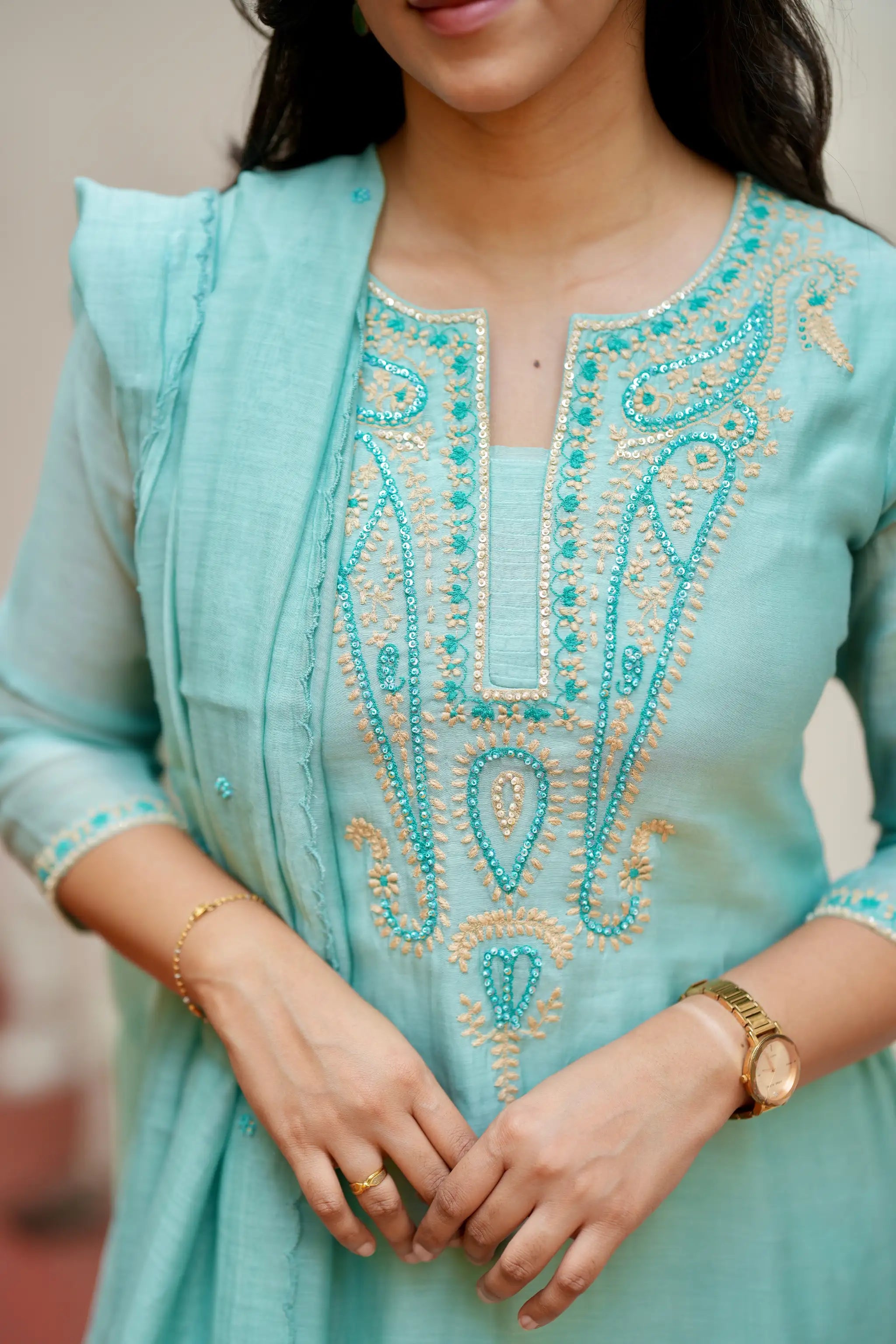 Blue Embroidered Mul Chanderi Suit Set