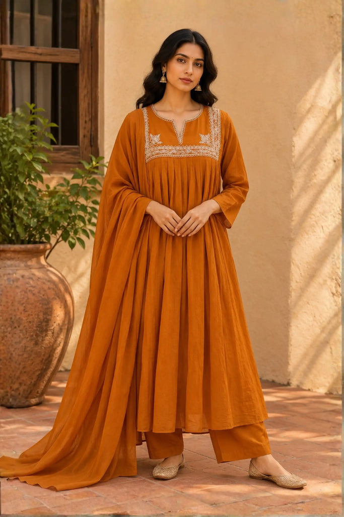 Orange Beads Embroidered Silk Suit Set