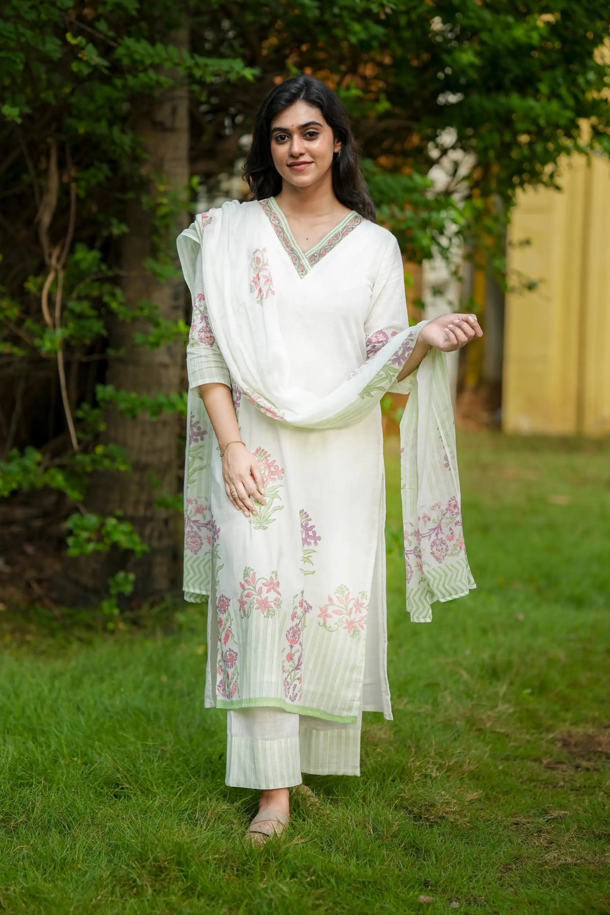 White Cotton Hand Block Printed Suit Set