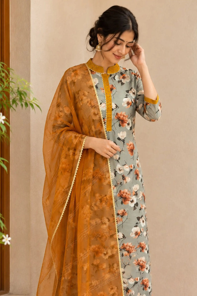 Grey Digital Printed Silk Kurti and Dupatta Set