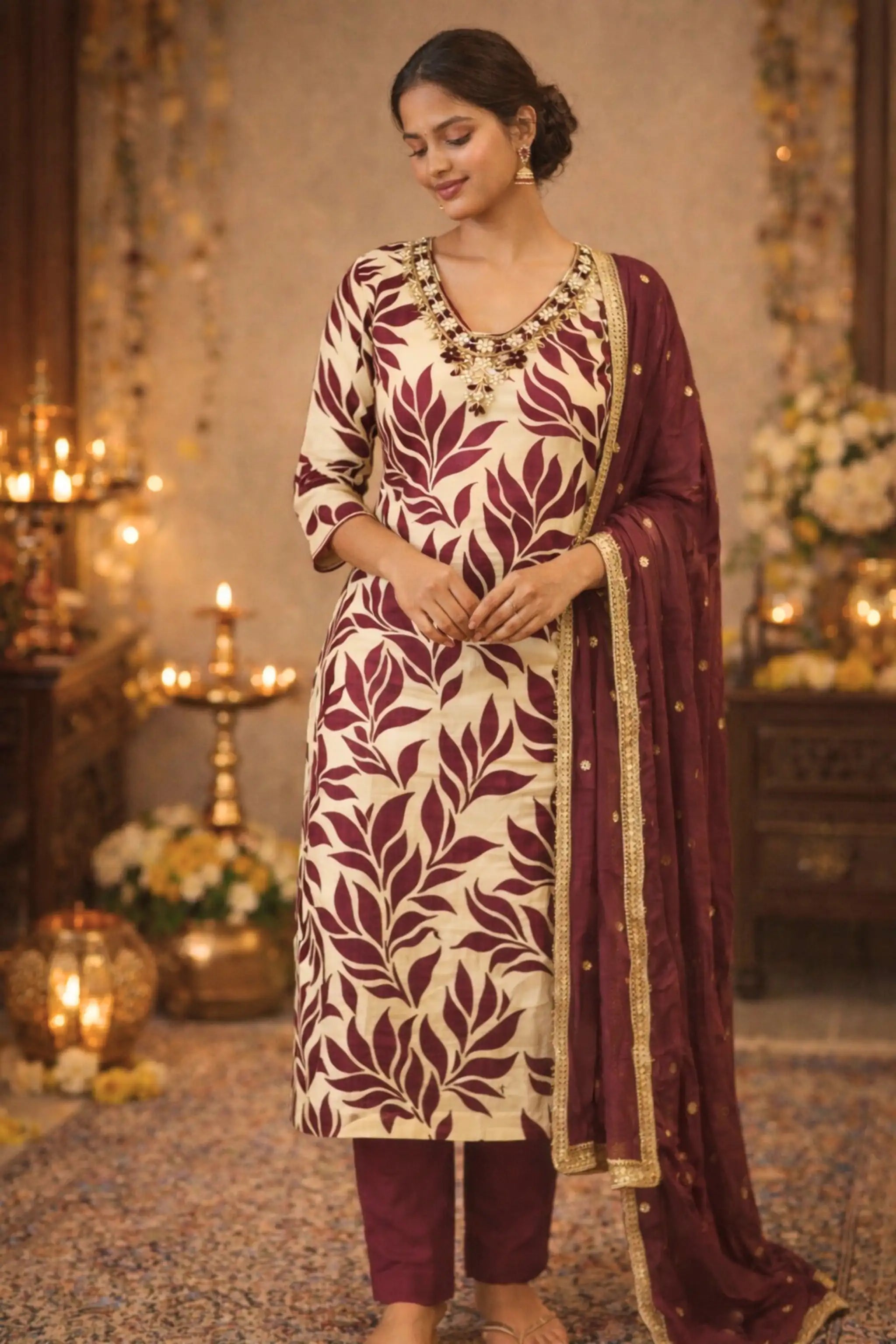 Beige Embroidered Digital Printed Silk Suit Set